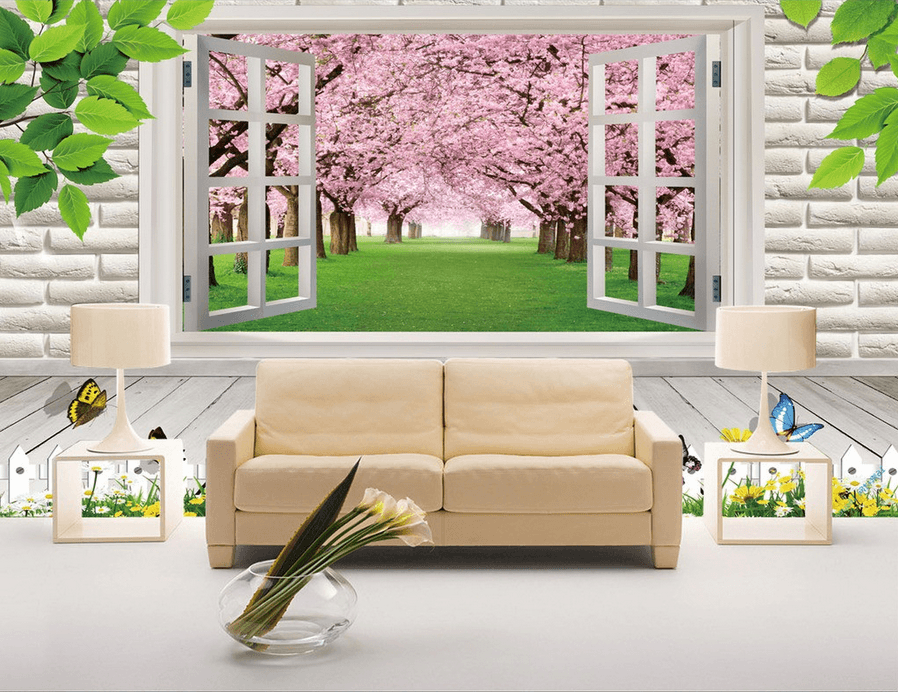 Window Pink Trees Wallpaper AJ Wallpaper 
