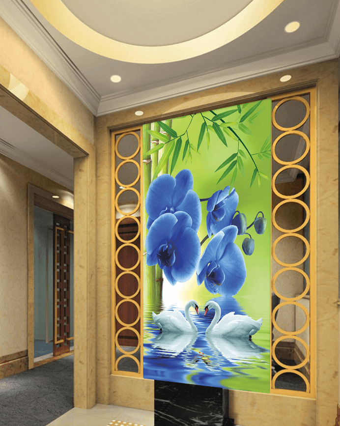 Bamboos And Blue Flowers Wallpaper AJ Wallpaper 