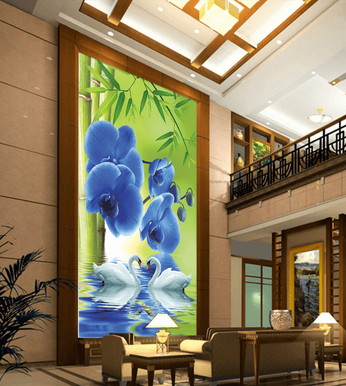 Bamboos And Blue Flowers Wallpaper AJ Wallpaper 