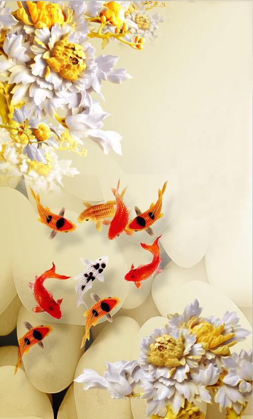 3D Flowers golden fish carving Wallpaper AJ Wallpaper 1 