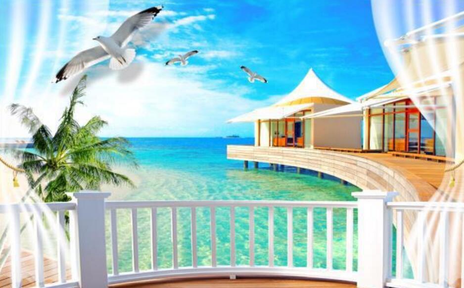 3D Pavilion Balcony Sea Scenery 922 Curtains Drapes Wallpaper AJ Wallpaper 