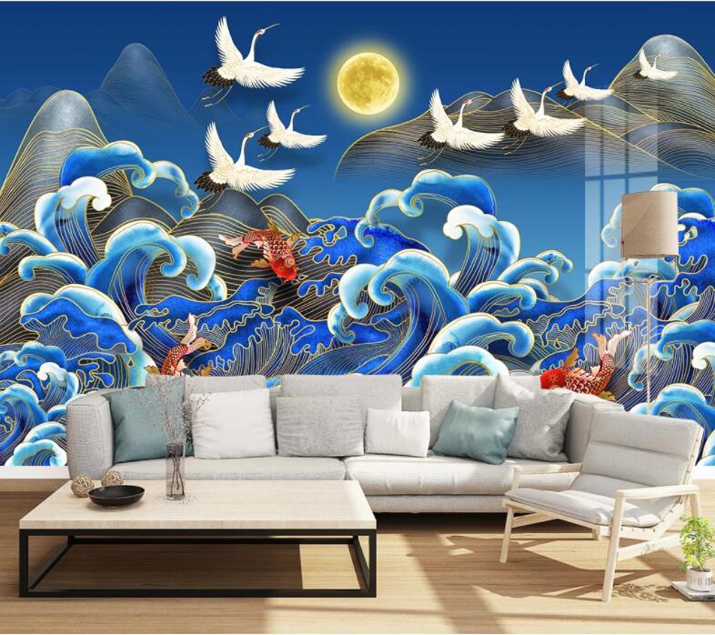 3D Moon Crane Goldfish WC2386 Wall Murals