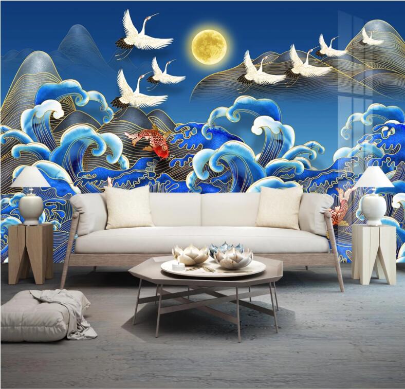 3D Moon Crane Goldfish WC2386 Wall Murals