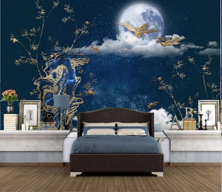 3D Moon Golden Crane WC2706 Wall Murals