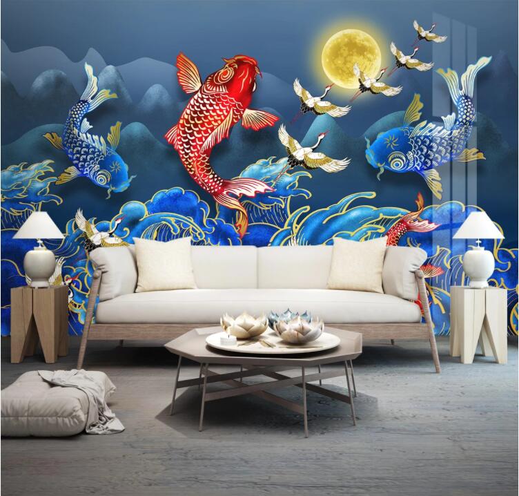 3D Surf Goldfish Crane WC2348 Wall Murals