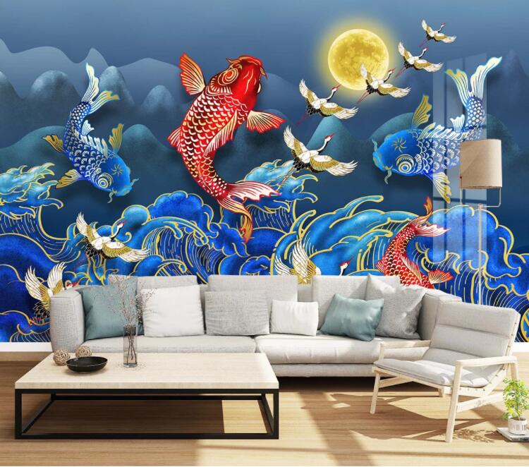 3D Surf Goldfish Crane WC2348 Wall Murals