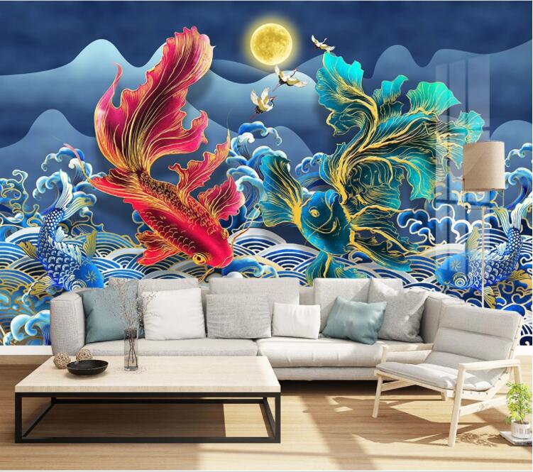 3D Moon Goldfish Sea WC2336 Wall Murals