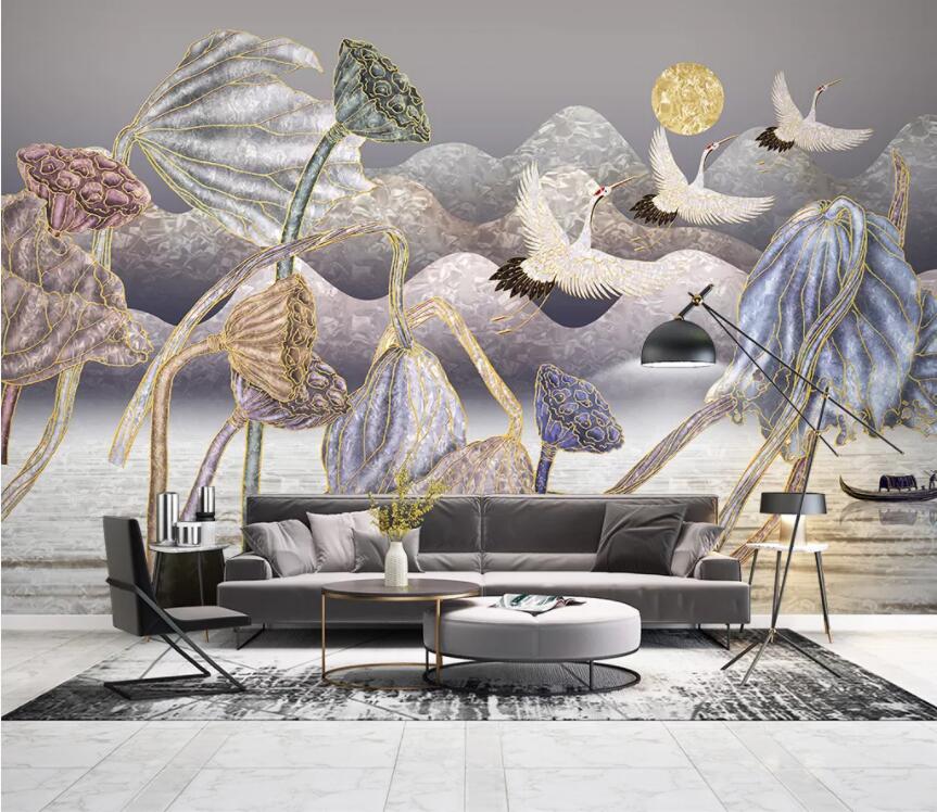 3D Lotus Crane WC2684 Wall Murals