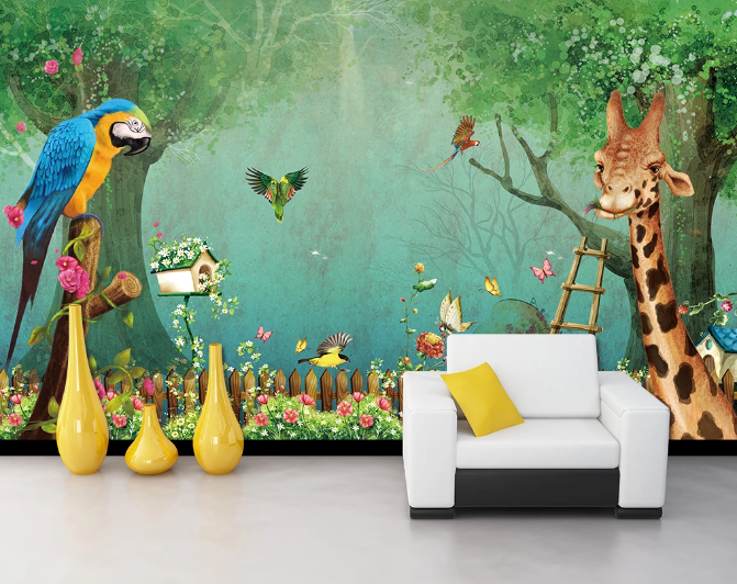 3D Parrot Giraffe WC172 Wall Murals