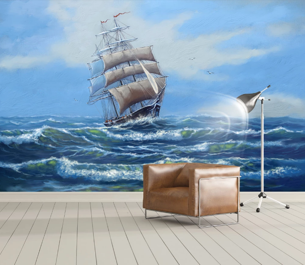 3D Wave Ship WC917 Wall Murals