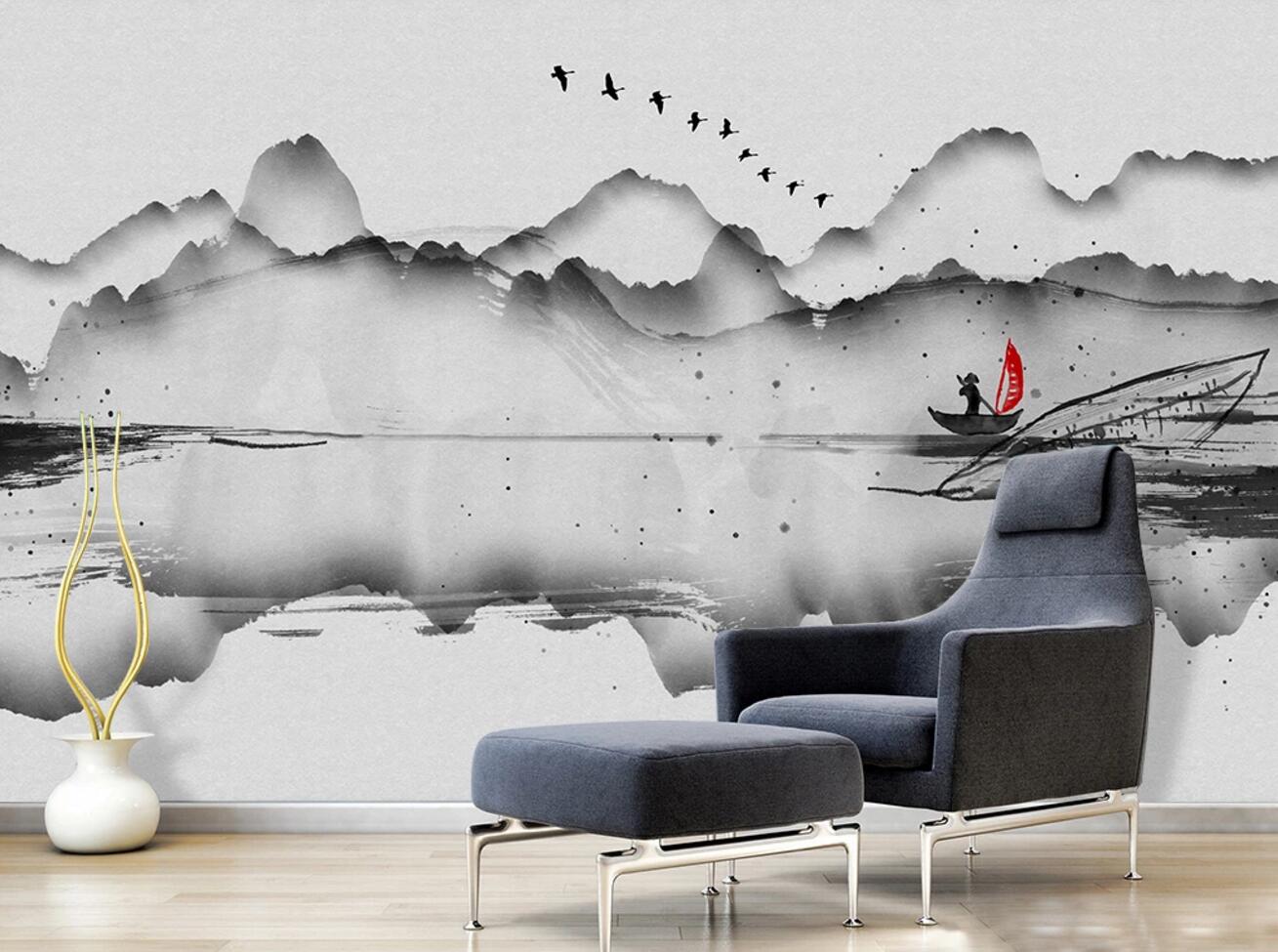 3D Ink Mountain Boat WC708 Wall Murals