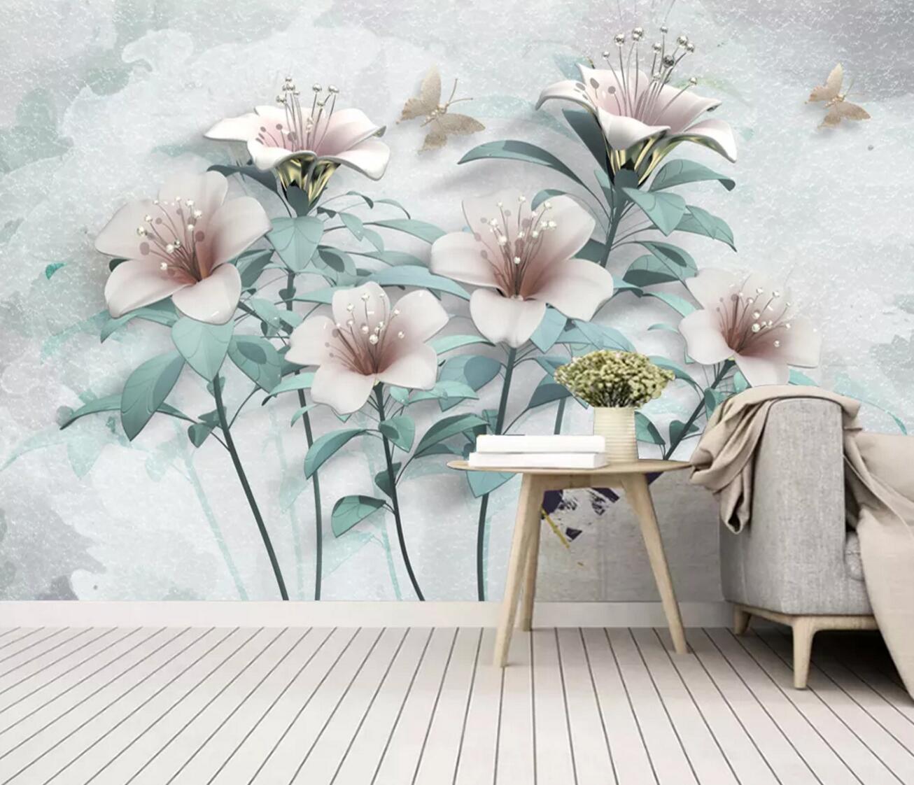 3D Pink Lily Butterfly WC2723 Wall Murals