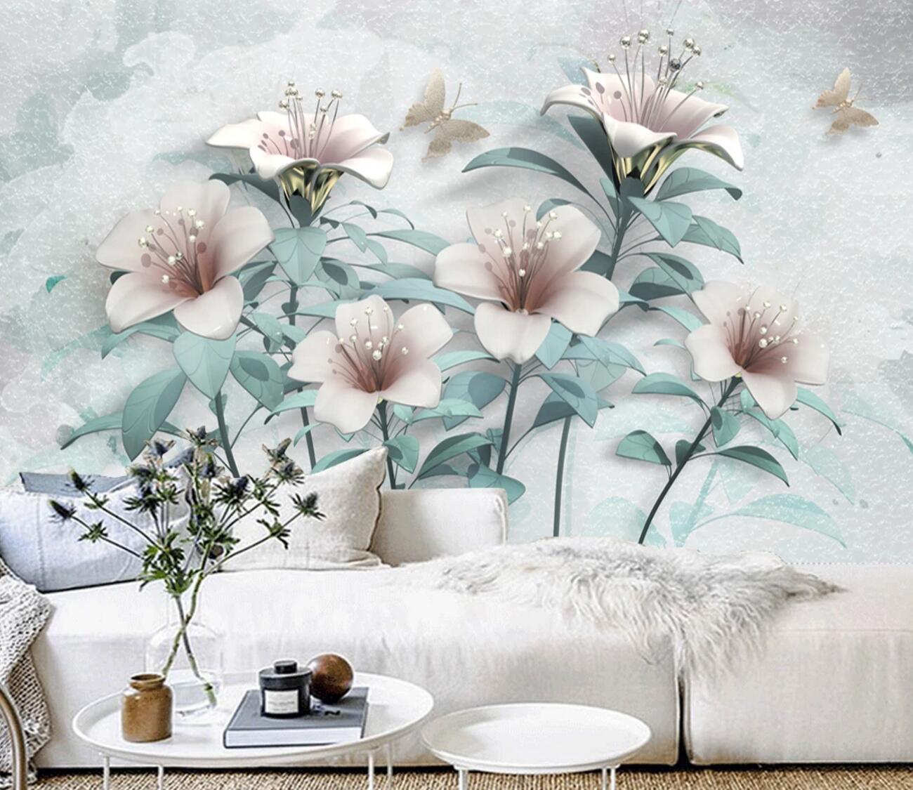3D Pink Lily Butterfly WC2723 Wall Murals