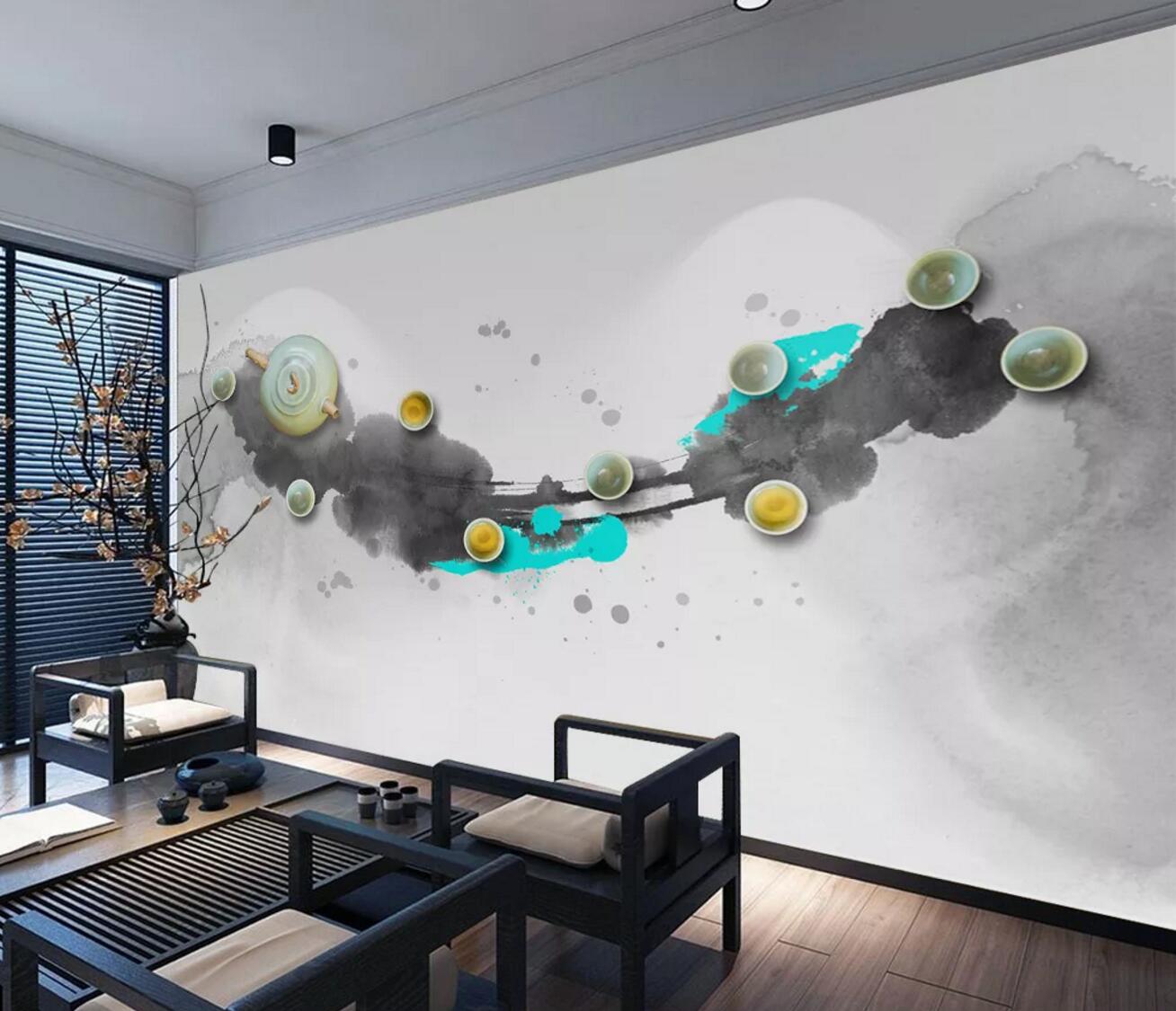 3D Green Teapot Teacup WC543 Wall Murals