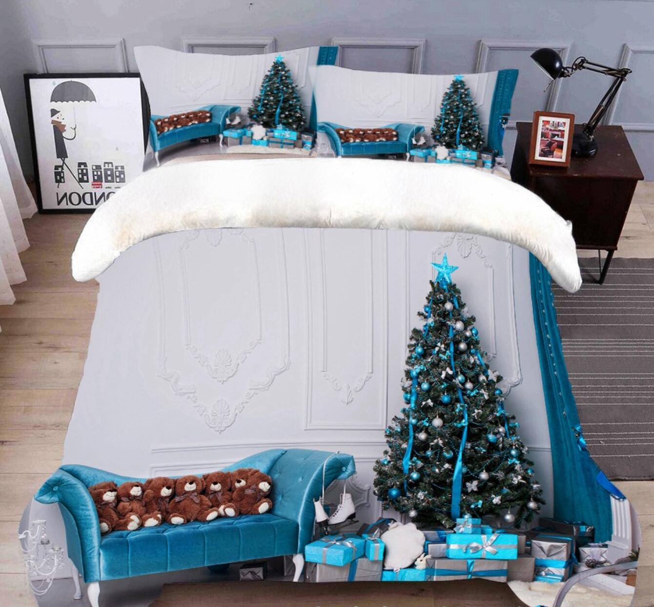 3D Blue Christmas Tree Sofa 45141 Christmas Quilt Duvet Cover Xmas Bed Pillowcases