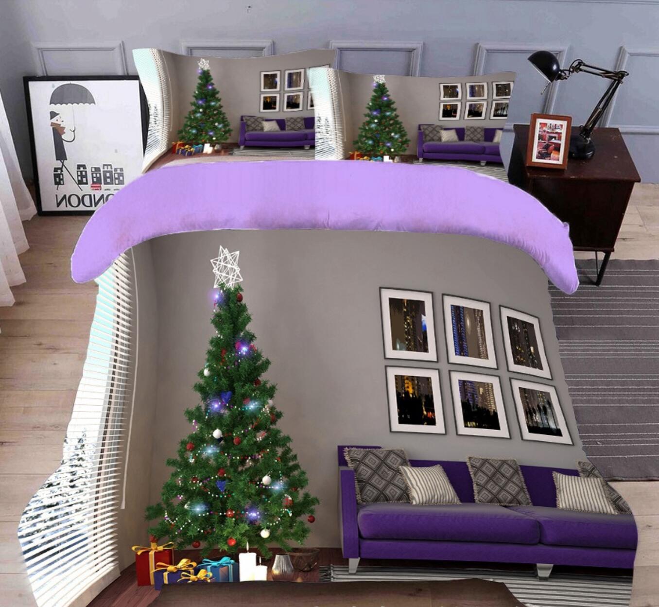 3D Christmas Tree Purple Sofa 45144 Christmas Quilt Duvet Cover Xmas Bed Pillowcases