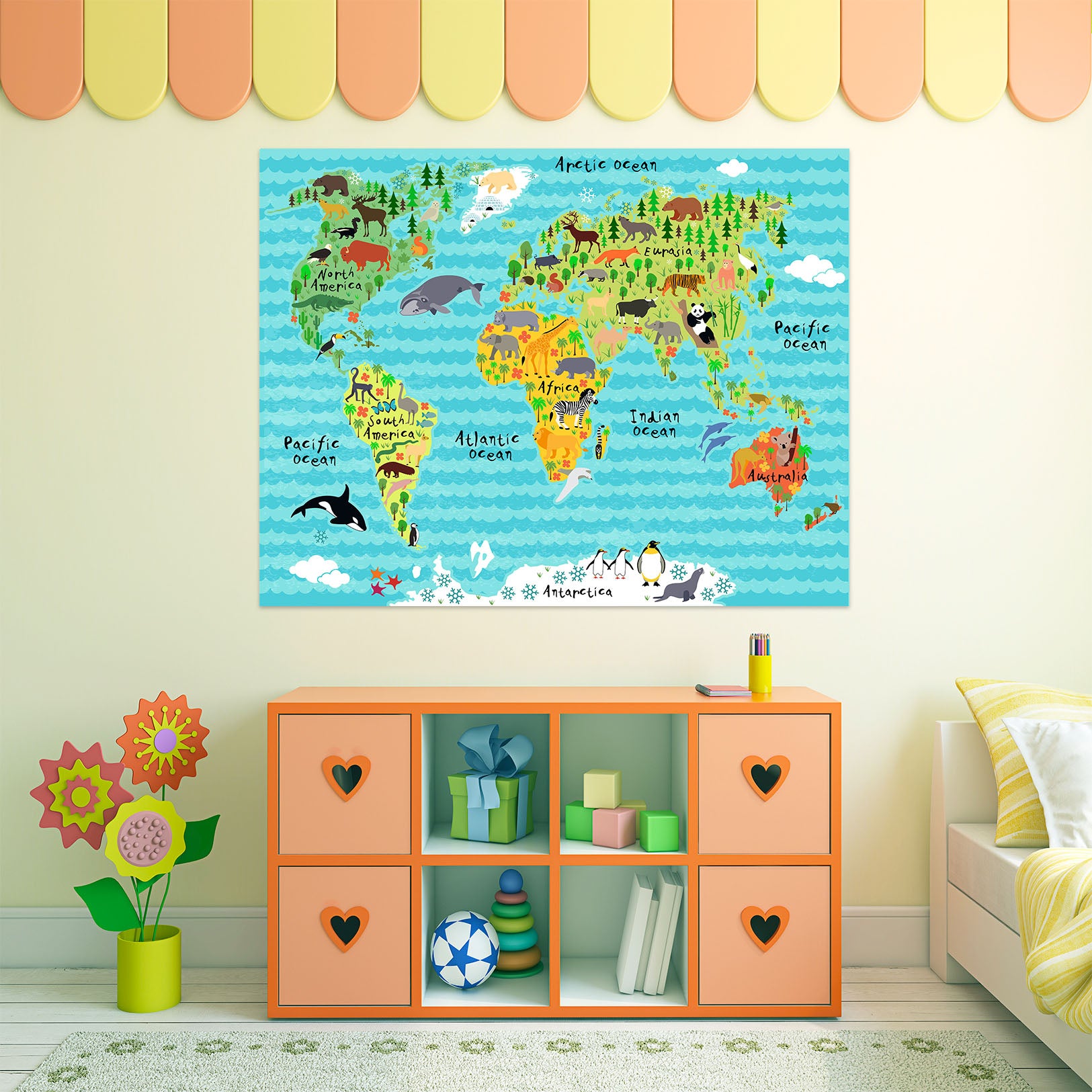 3D Colored Land 206 World Map Wall Sticker