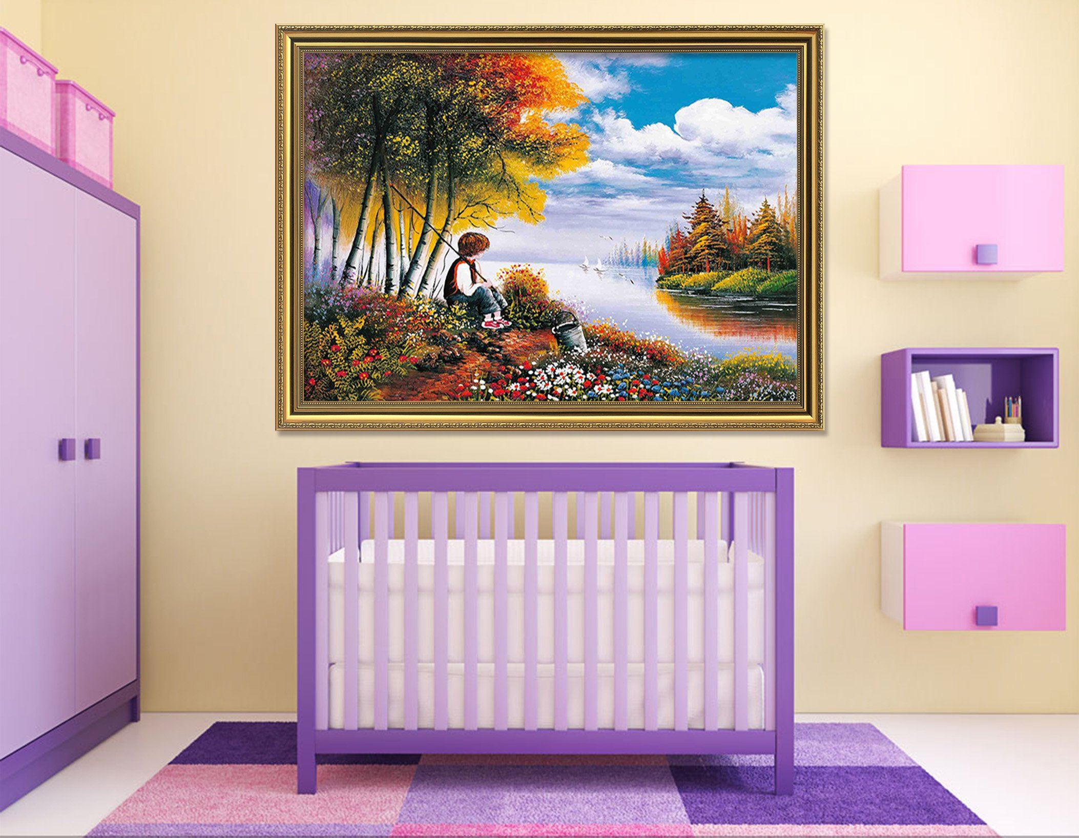 3D Boy Fishingr 022 Fake Framed Print Painting Wallpaper AJ Creativity Home 