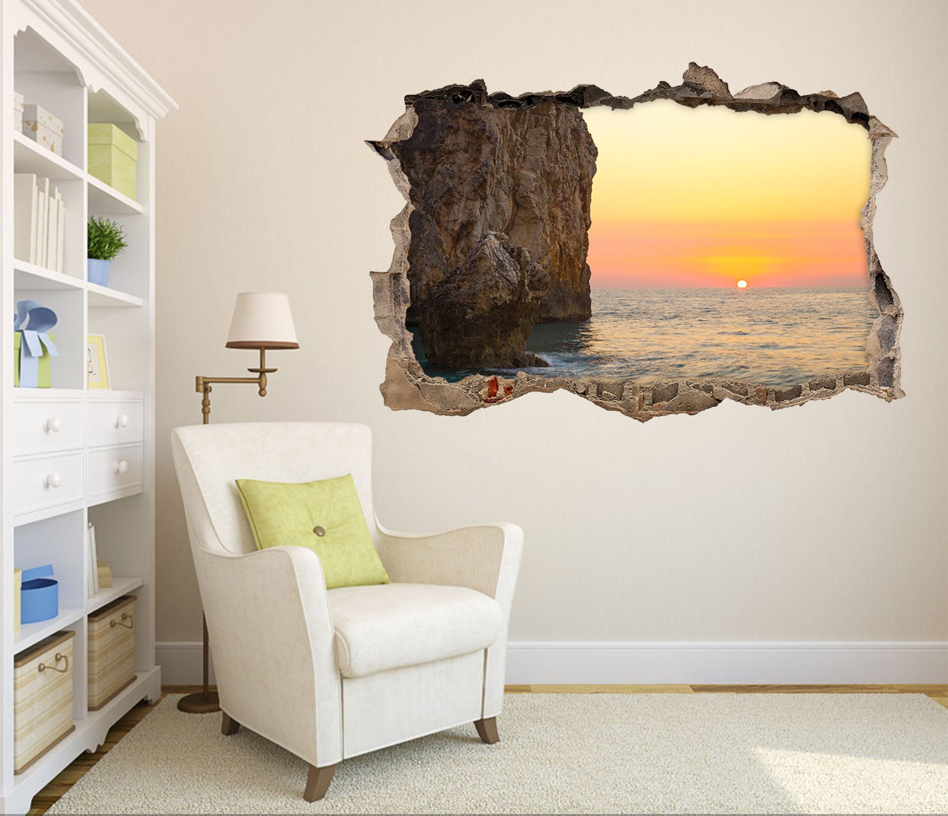 3D Sea Coast Sunset 002 Broken Wall Murals Wallpaper AJ Wallpaper 