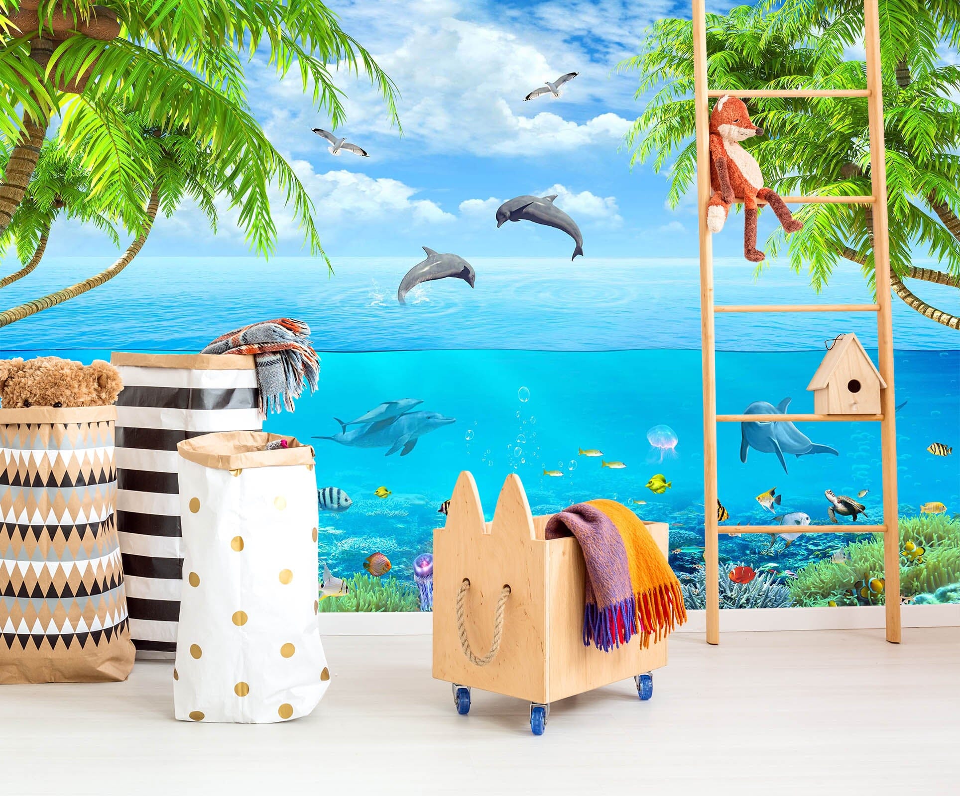 3D Dolphin Coral 015 Wall Murals Wallpaper AJ Wallpaper 2 