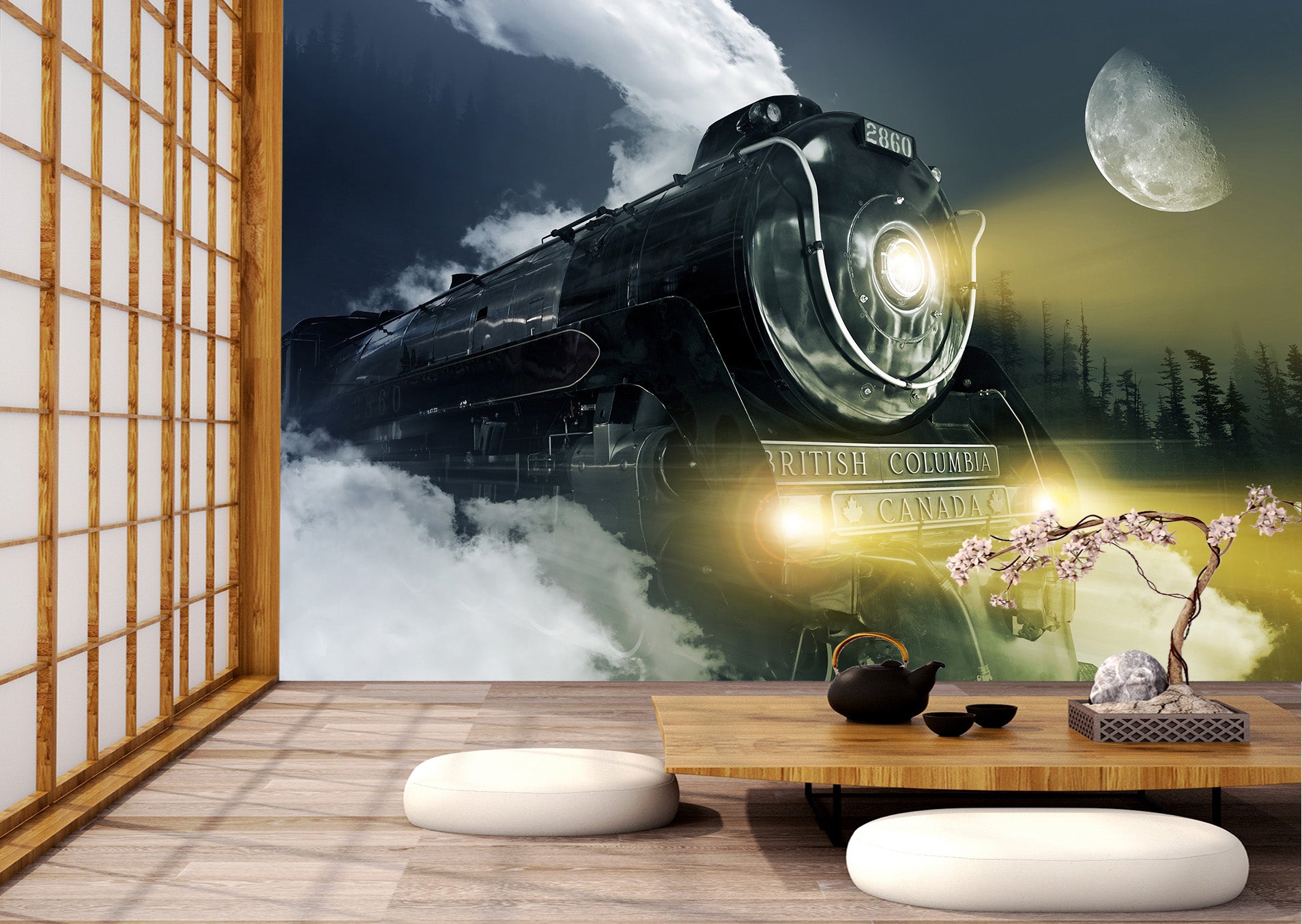 3D Moon Black Train 162 Vehicle Wall Murals