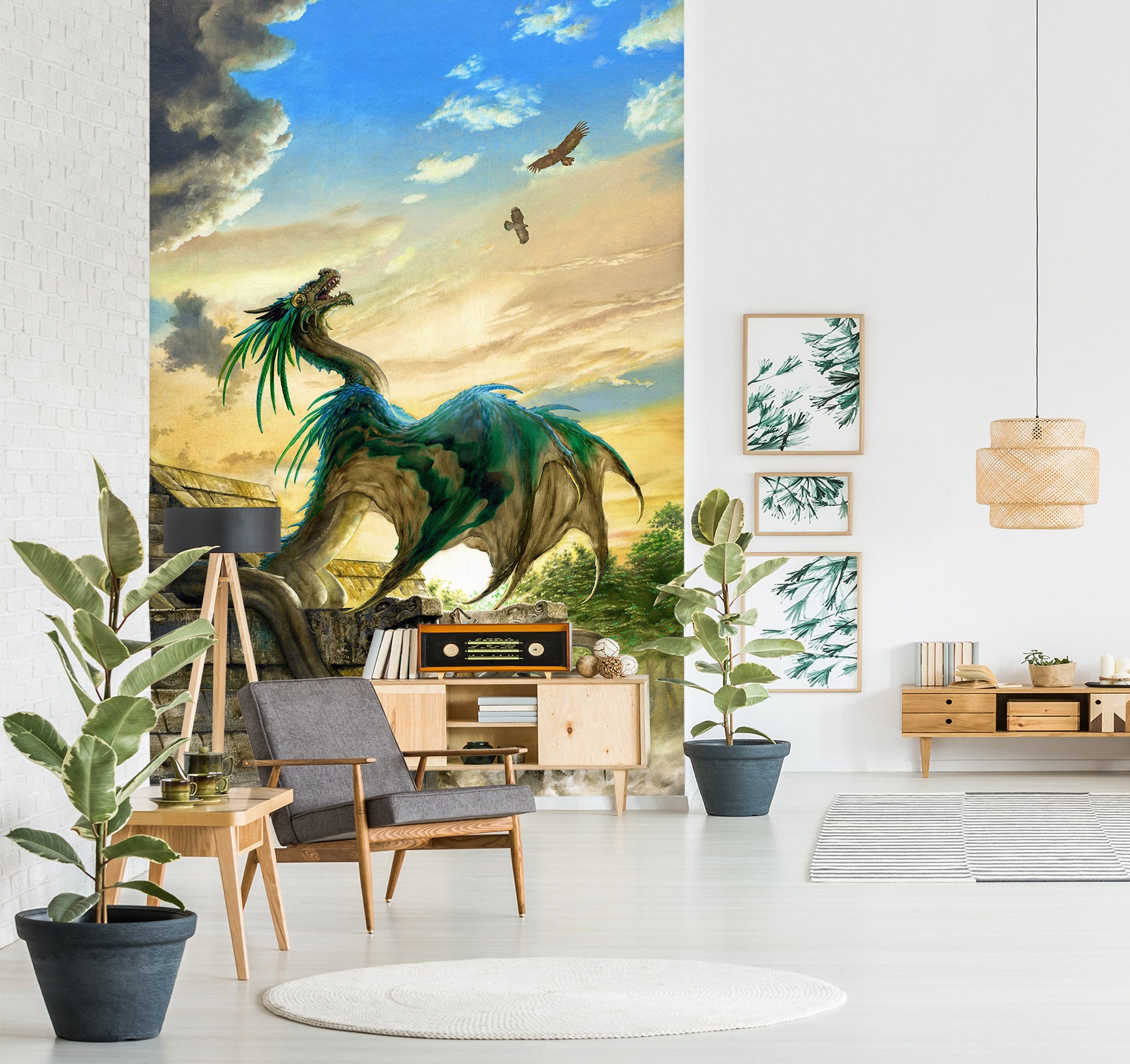 3D Sky Blue-Green Dragon 7143 Ciruelo Wall Mural Wall Murals