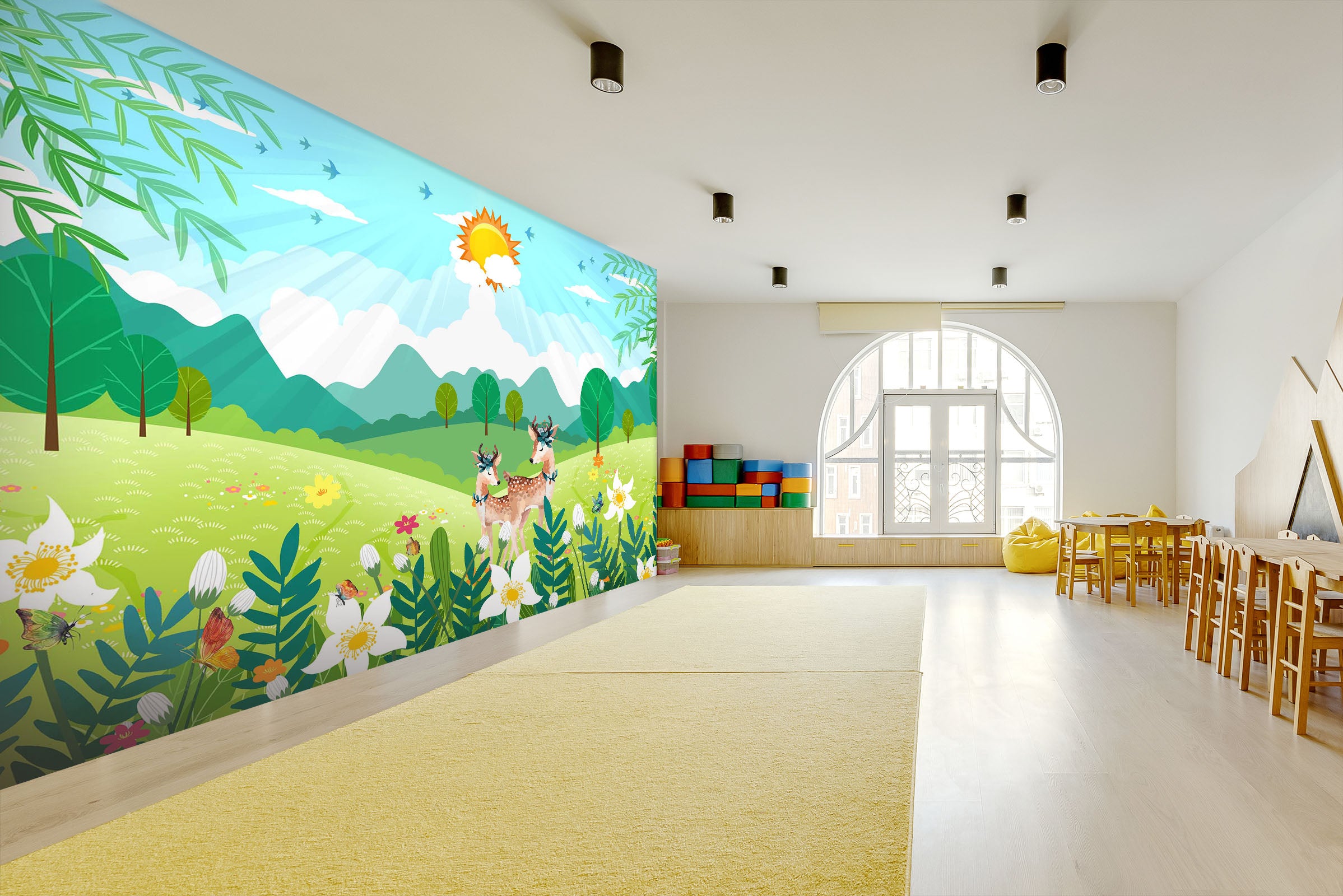 3D Sun Deer Grass 270 Wall Murals