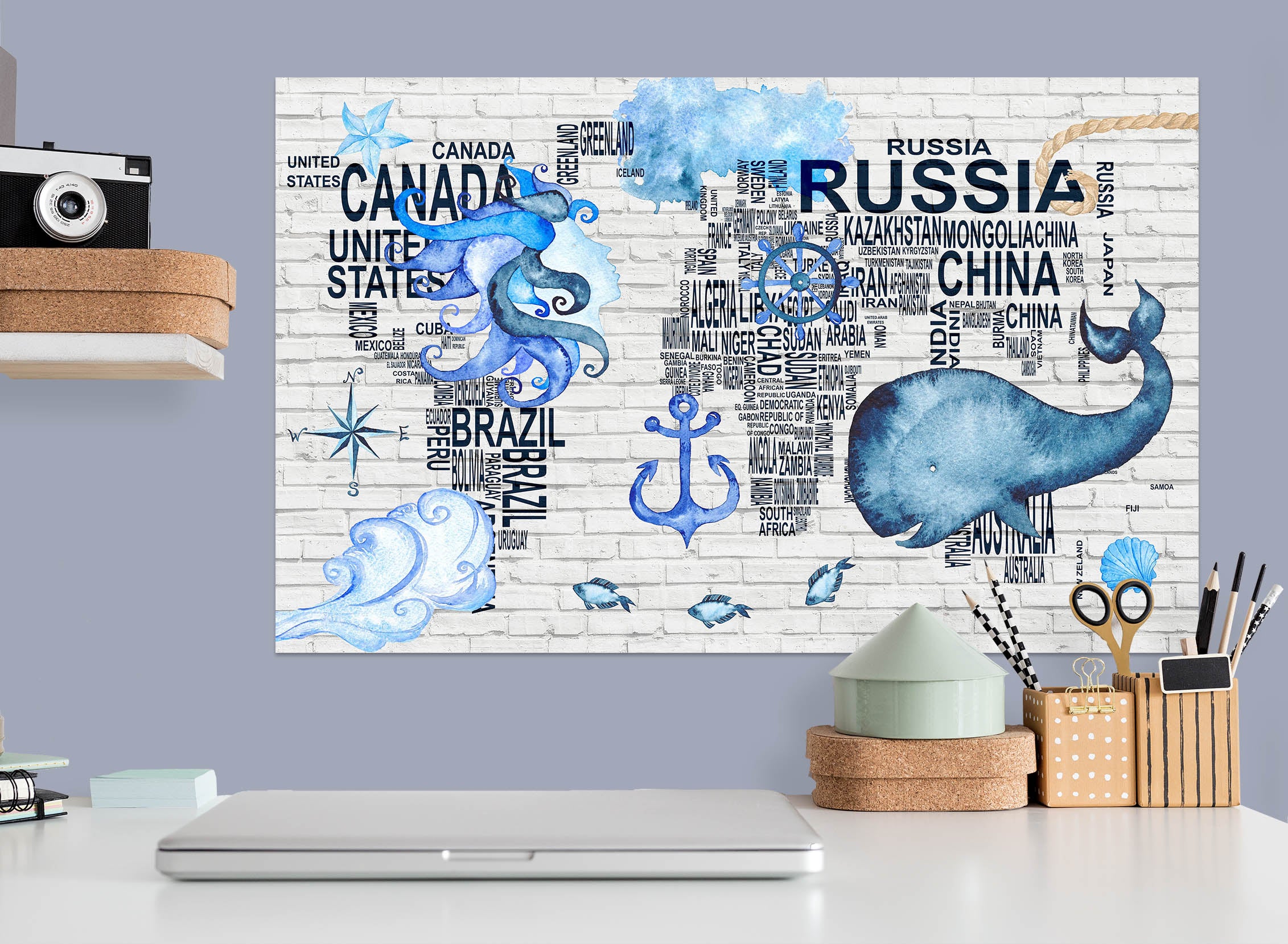 3D Blue Whale 116 World Map Wall Sticker