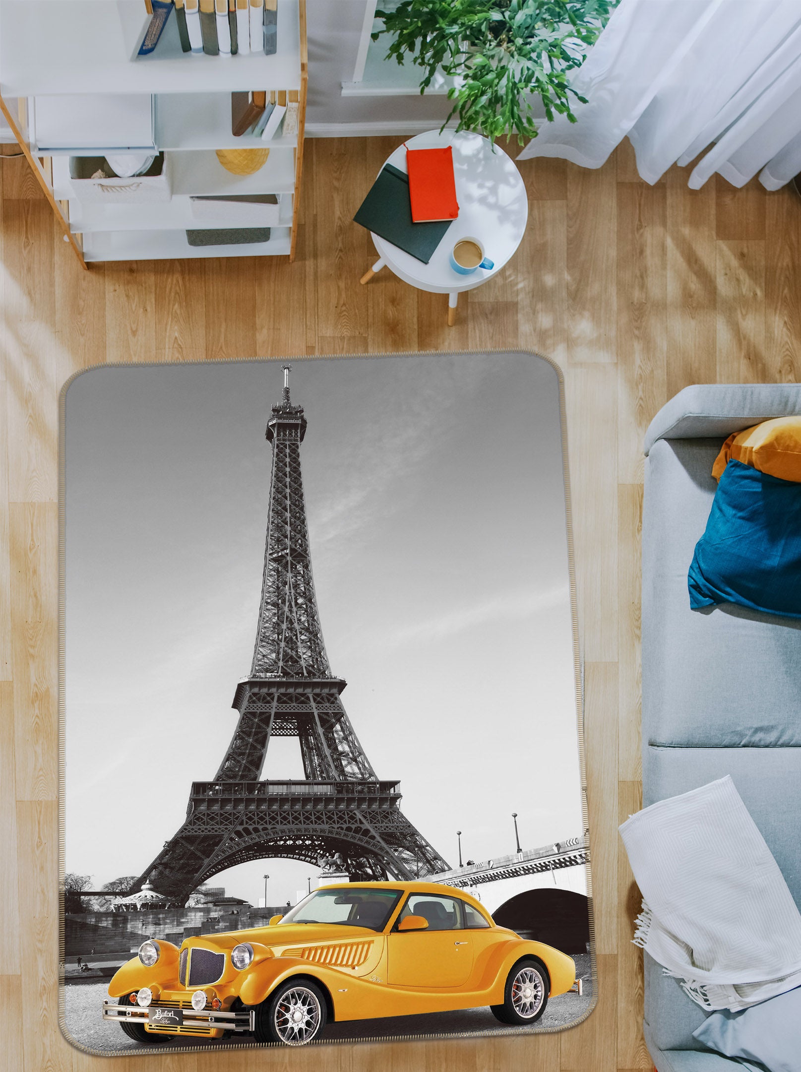 3D Yellow Car Eiffel Tower 42122 Vehicle Non Slip Rug Mat
