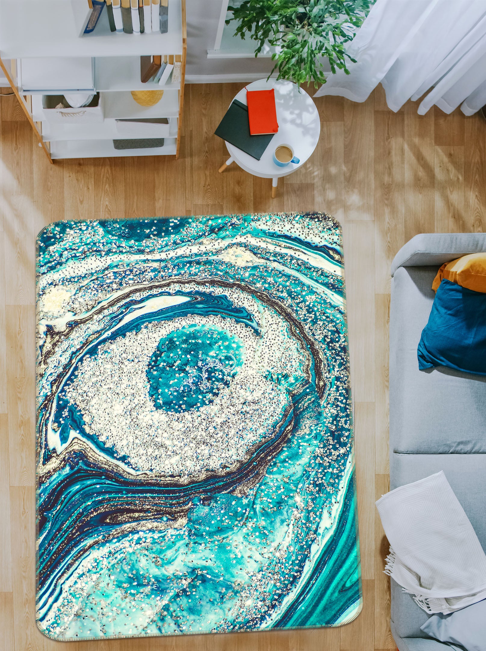 3D Blue-Green Pattern Lines 26077 Non Slip Rug Mat