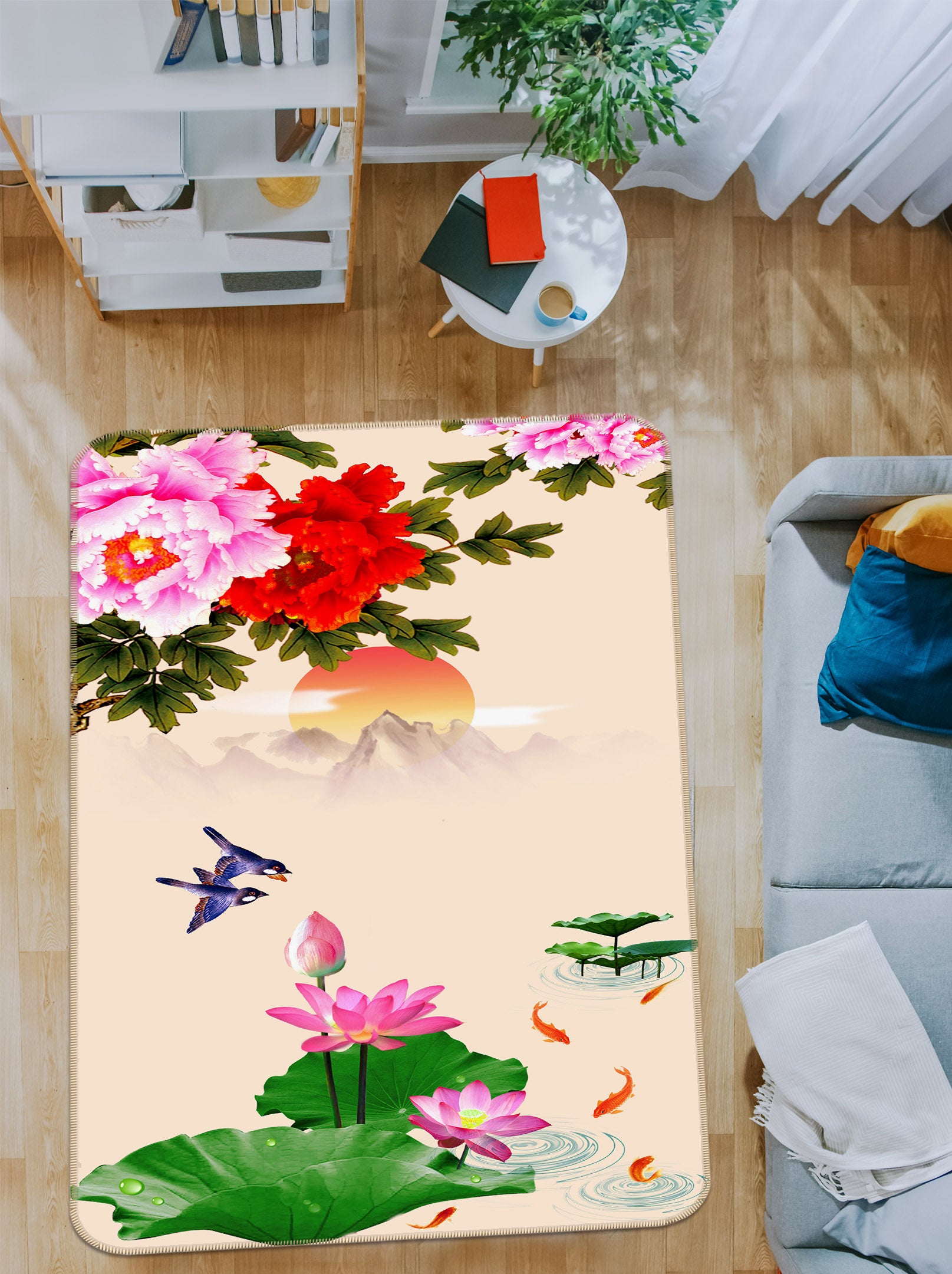3D Lotus Fish Bird 32104 Non Slip Rug Mat