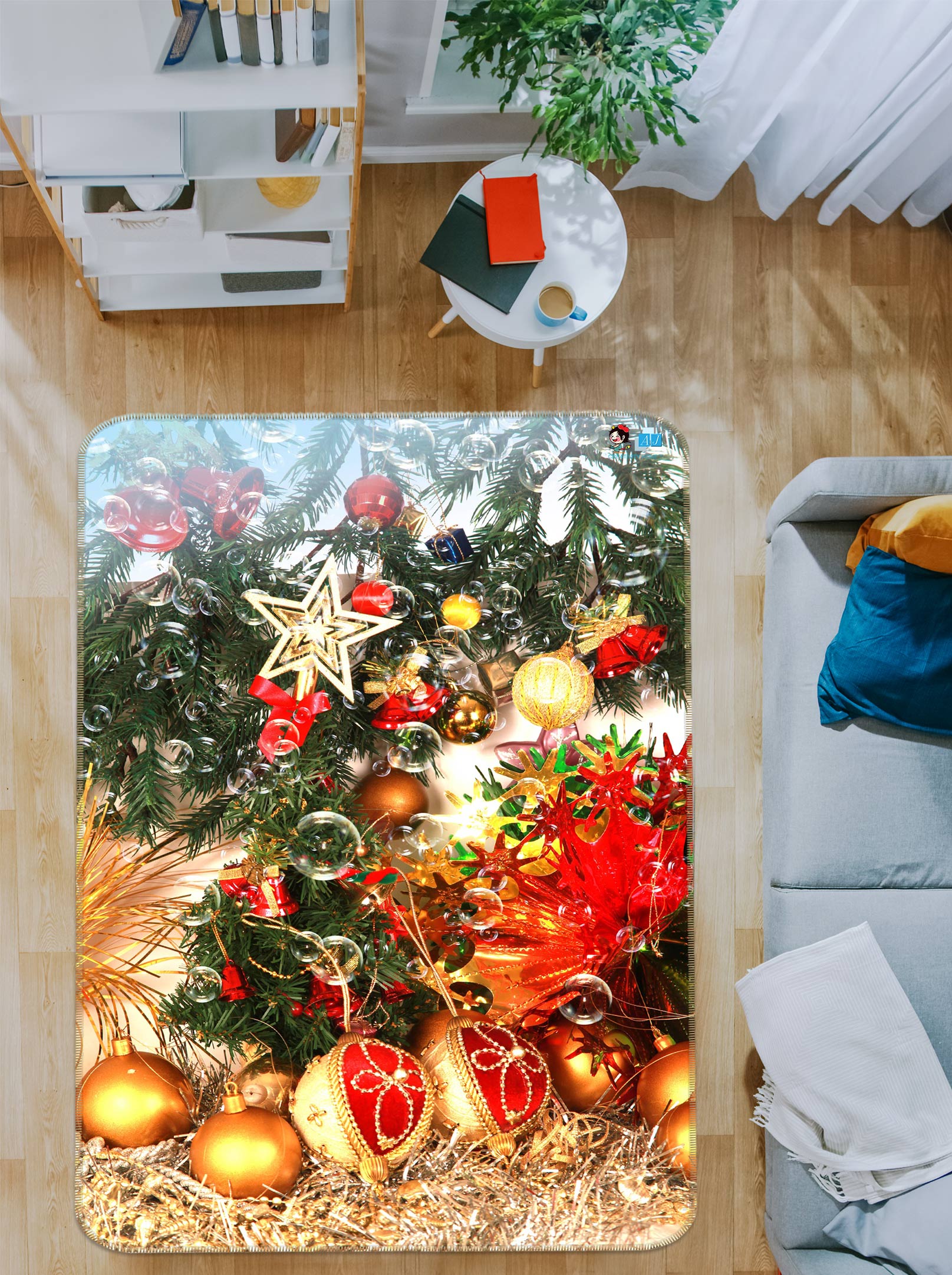 3D Golden Ball Pendant 55039 Christmas Non Slip Rug Mat Xmas