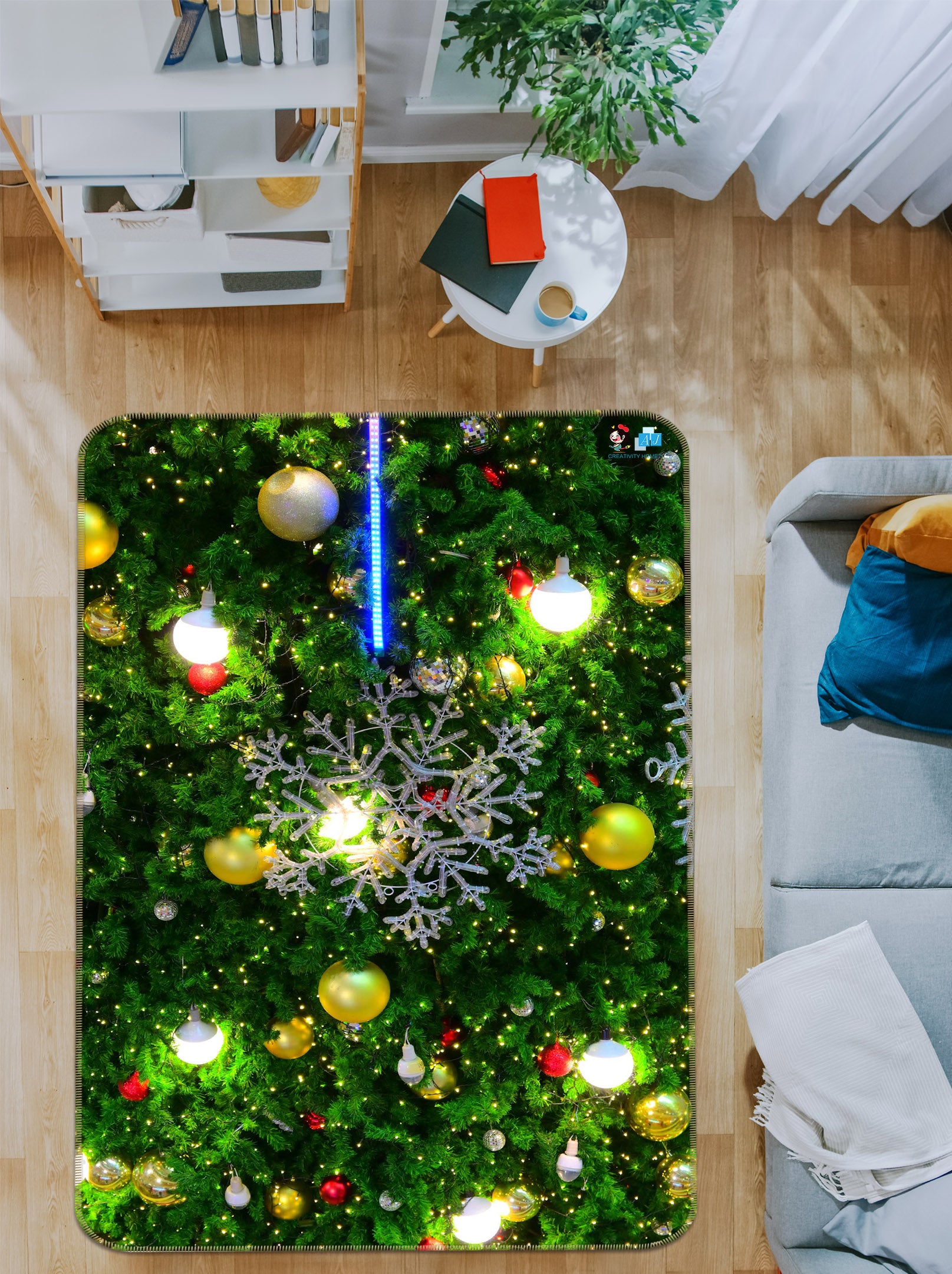 3D Tree Yellow Ball 55153 Christmas Non Slip Rug Mat Xmas