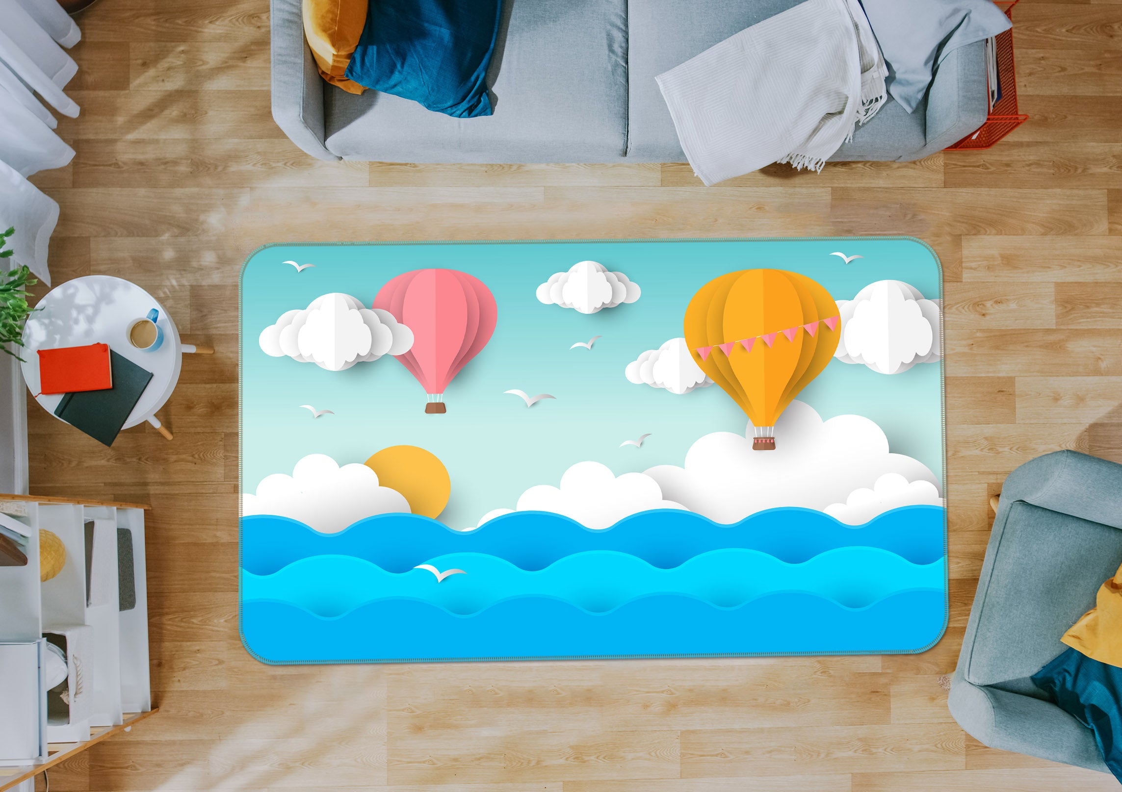 3D Waves Hot Air Balloon 29208 Non Slip Rug Mat
