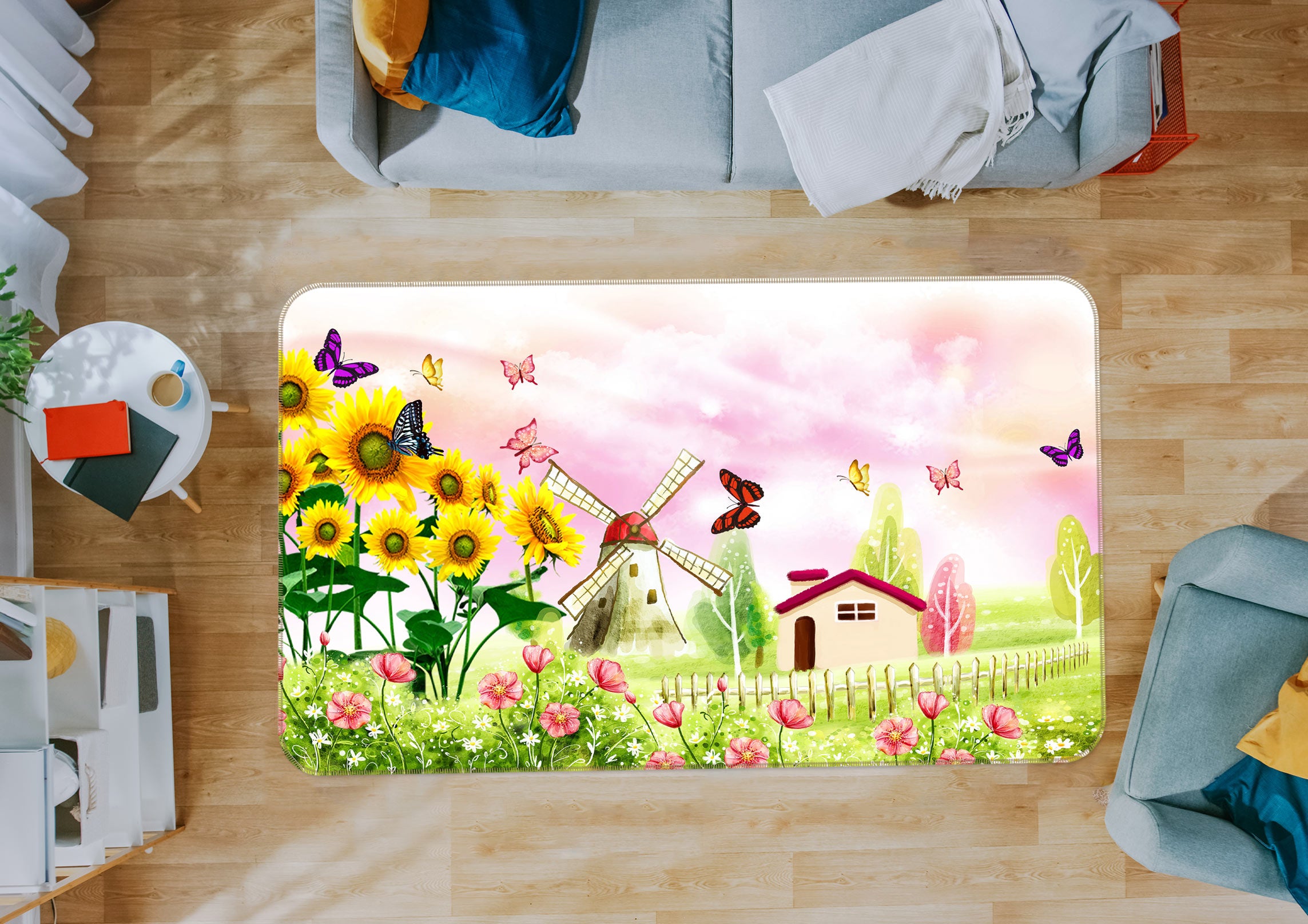 3D Flower Bush Cottage Windmill 76021 Non Slip Rug Mat