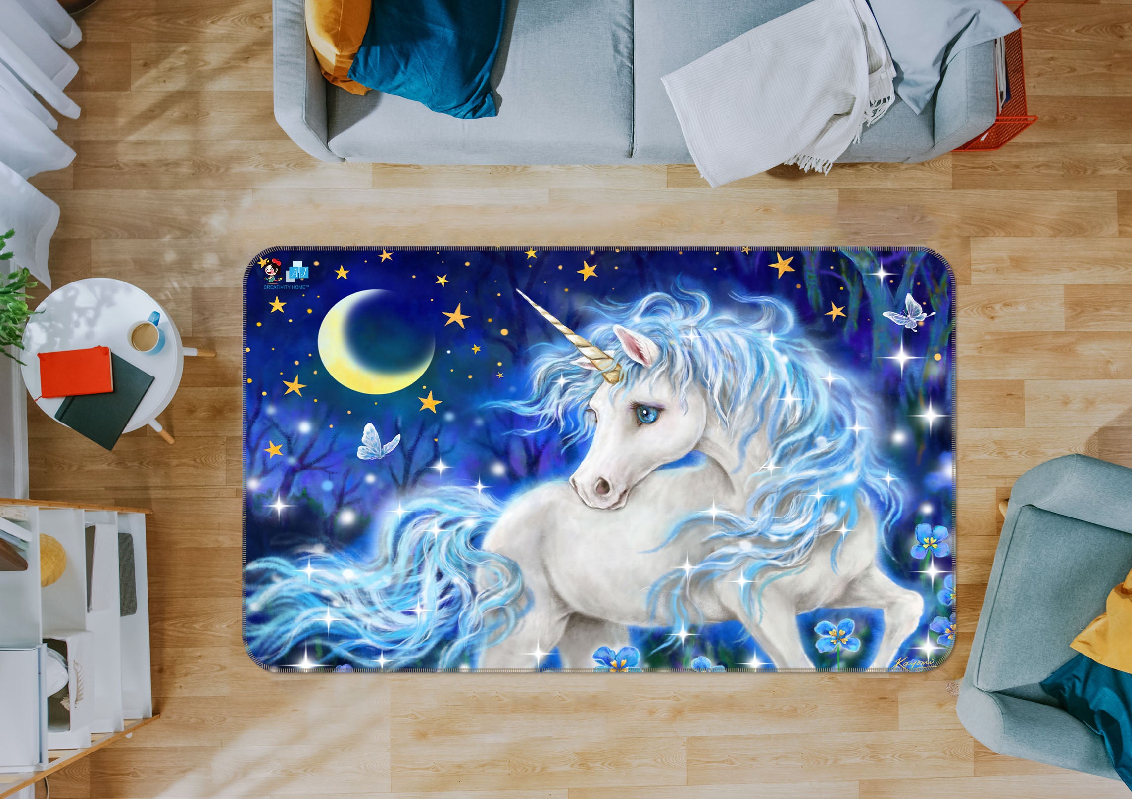3D Unicorn Moon Stars 5712 Kayomi Harai Rug Non Slip Rug Mat