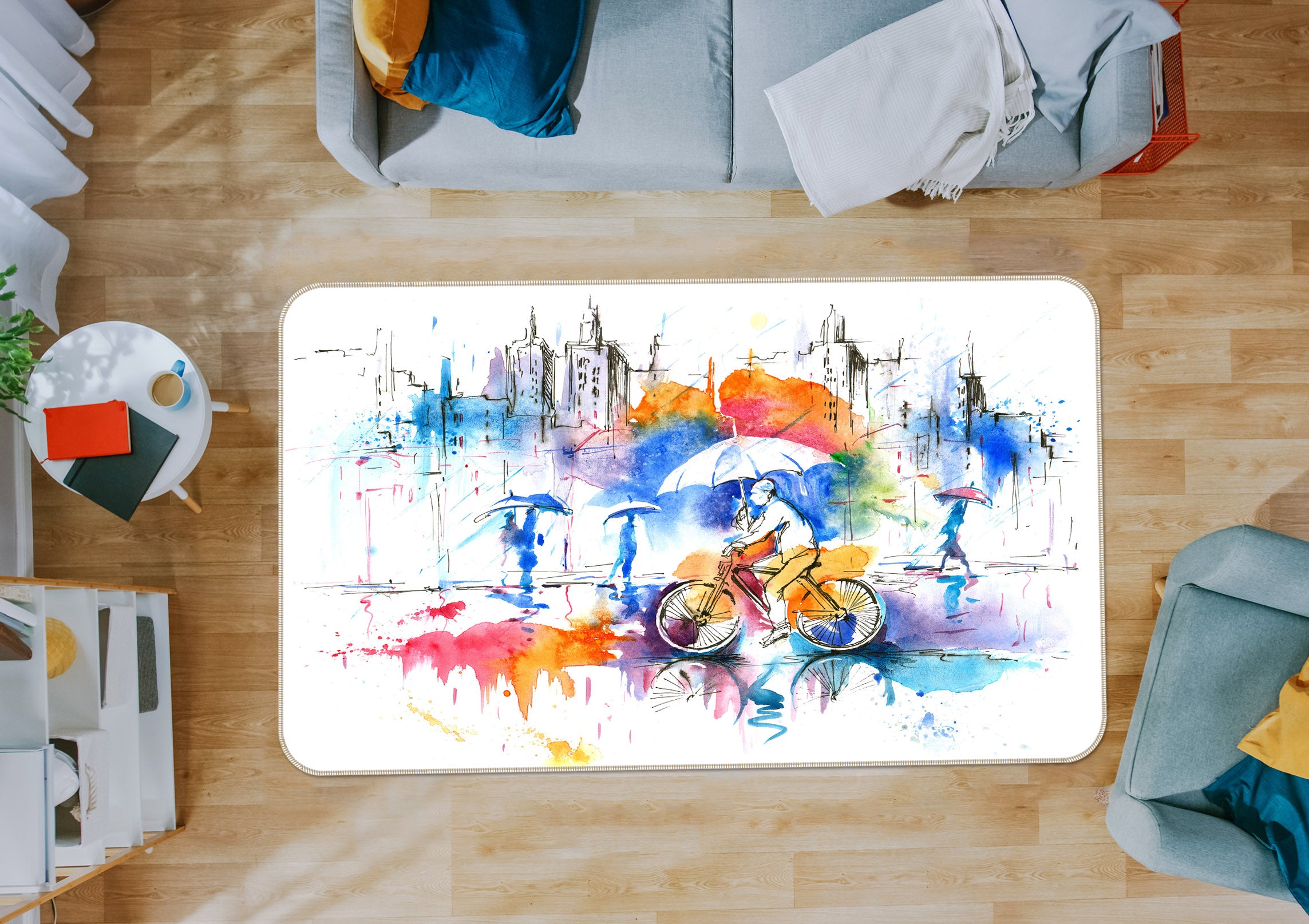 3D Watercolor Car Umbrella 65110 Non Slip Rug Mat