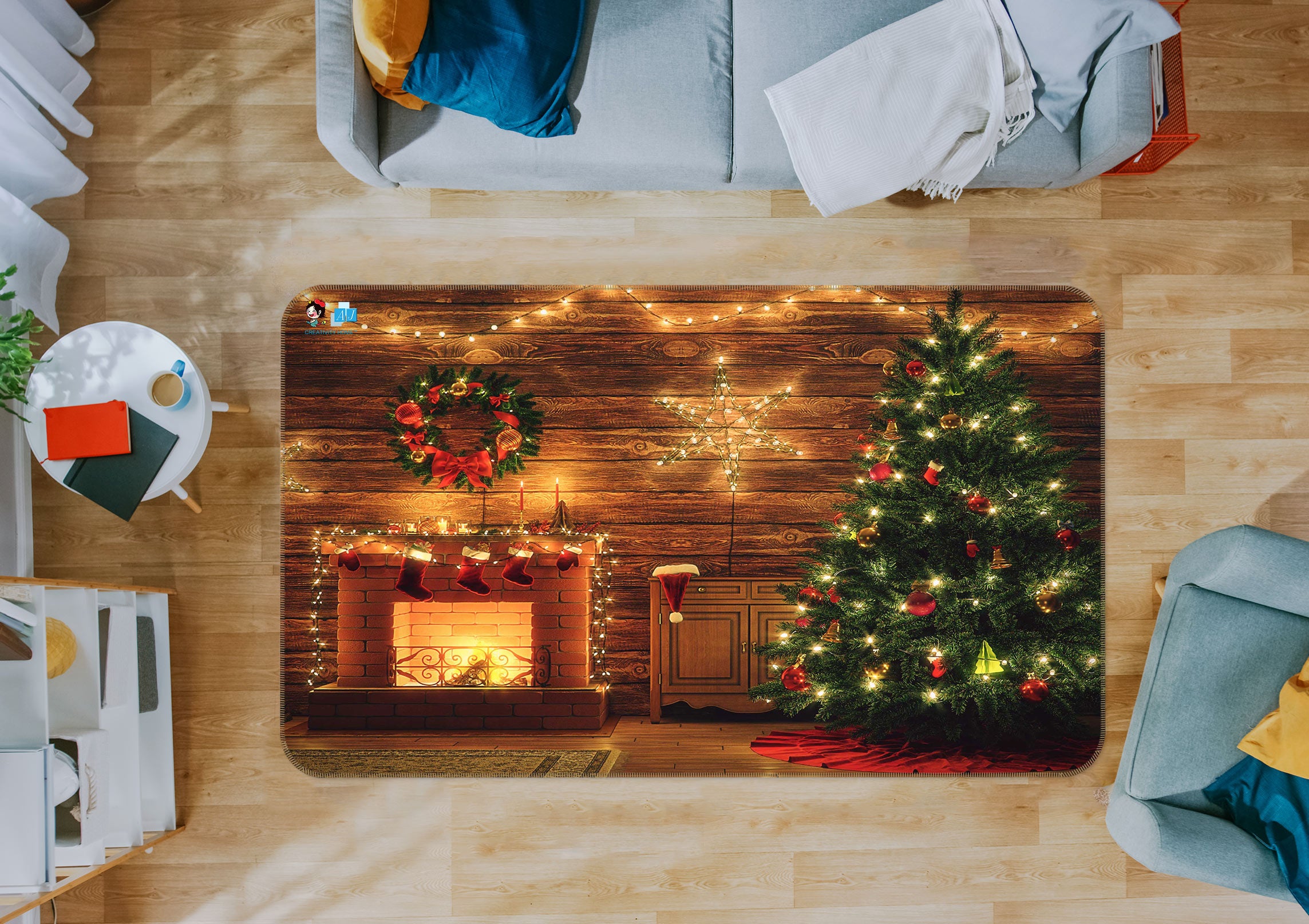 3D Fireplace Tree 55020 Christmas Non Slip Rug Mat Xmas