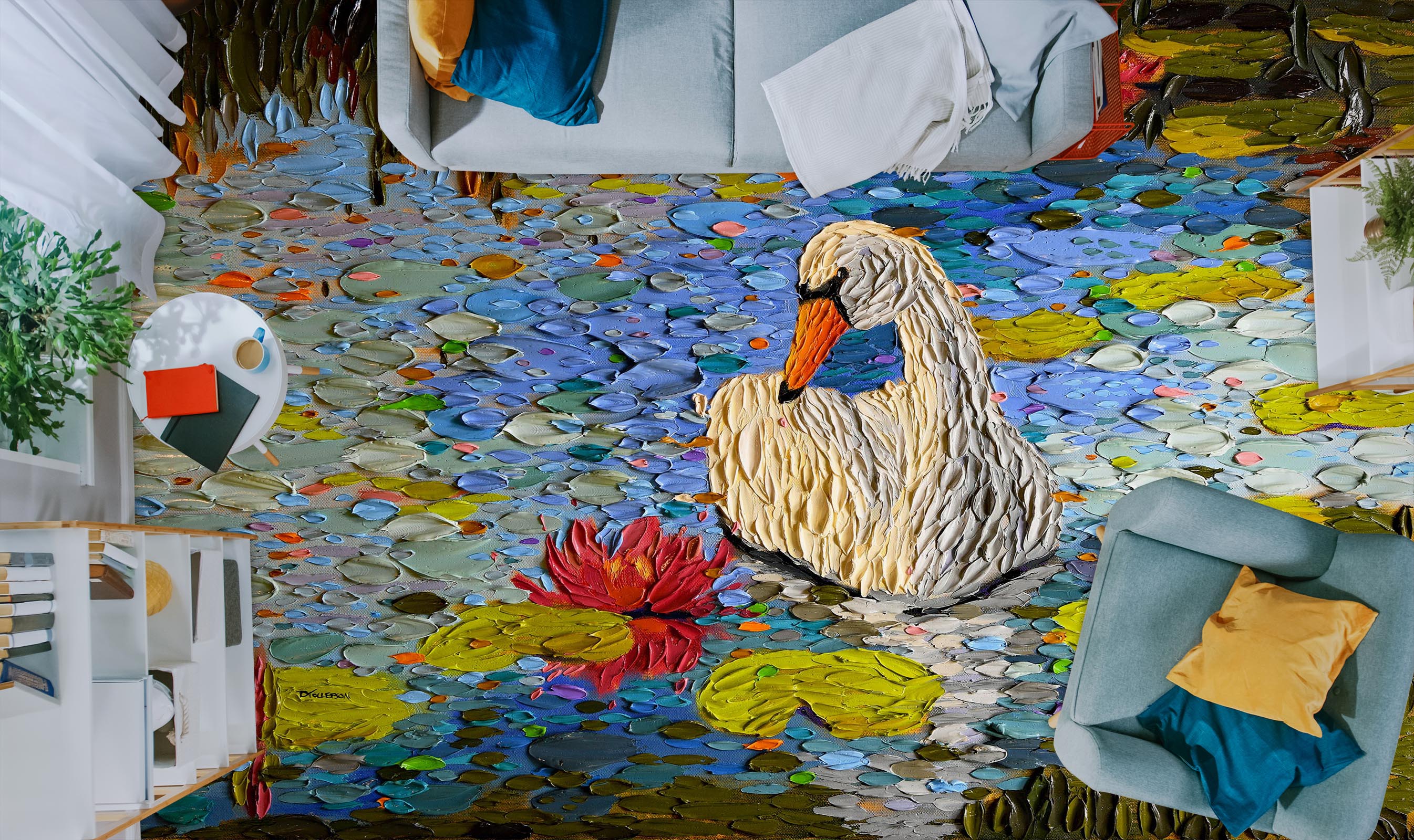 3D Swan Lotus Lake 102168 Dena Tollefson Floor Mural