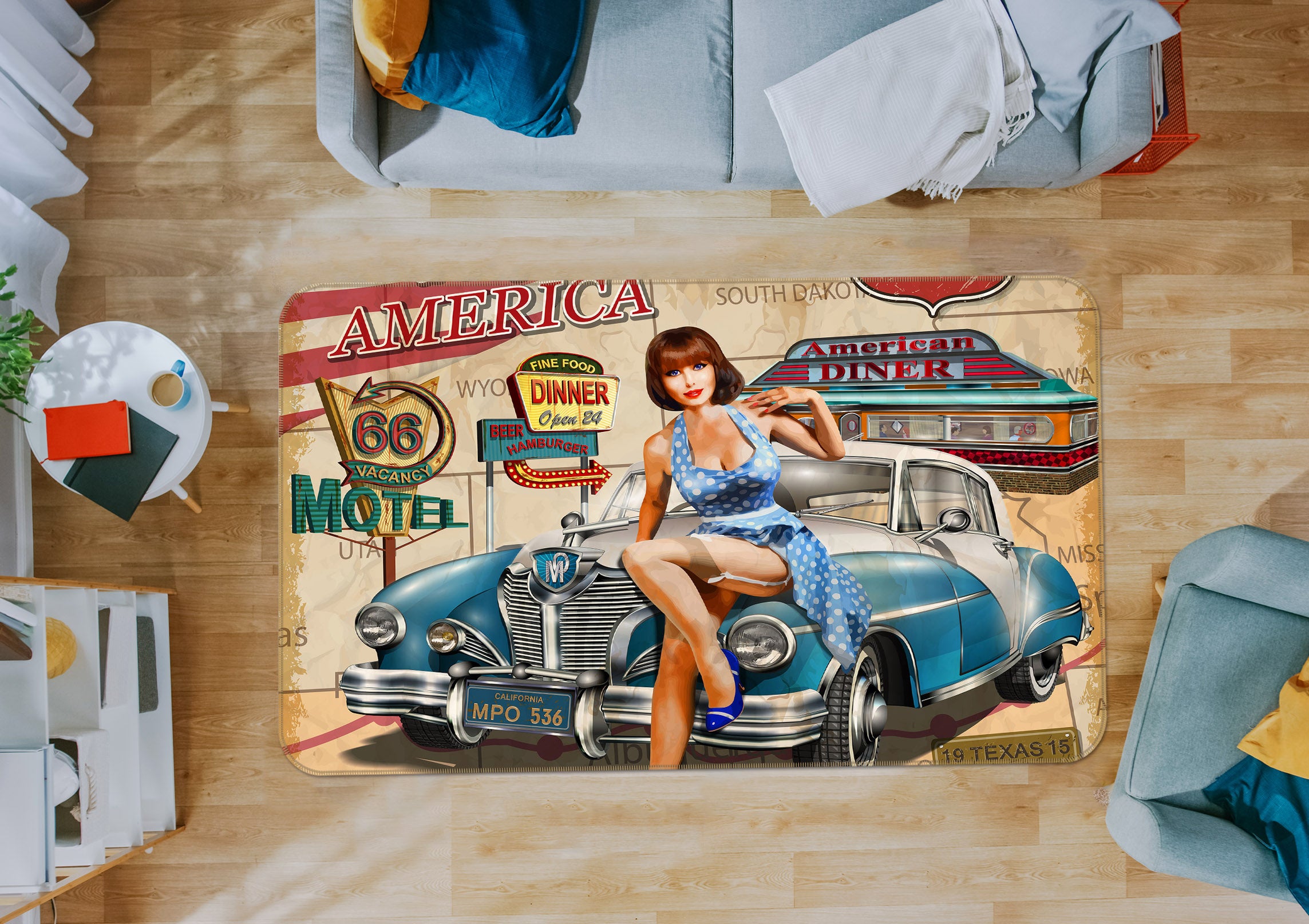 3D Retro Beauty Blue Car 68072 Vehicle Non Slip Rug Mat