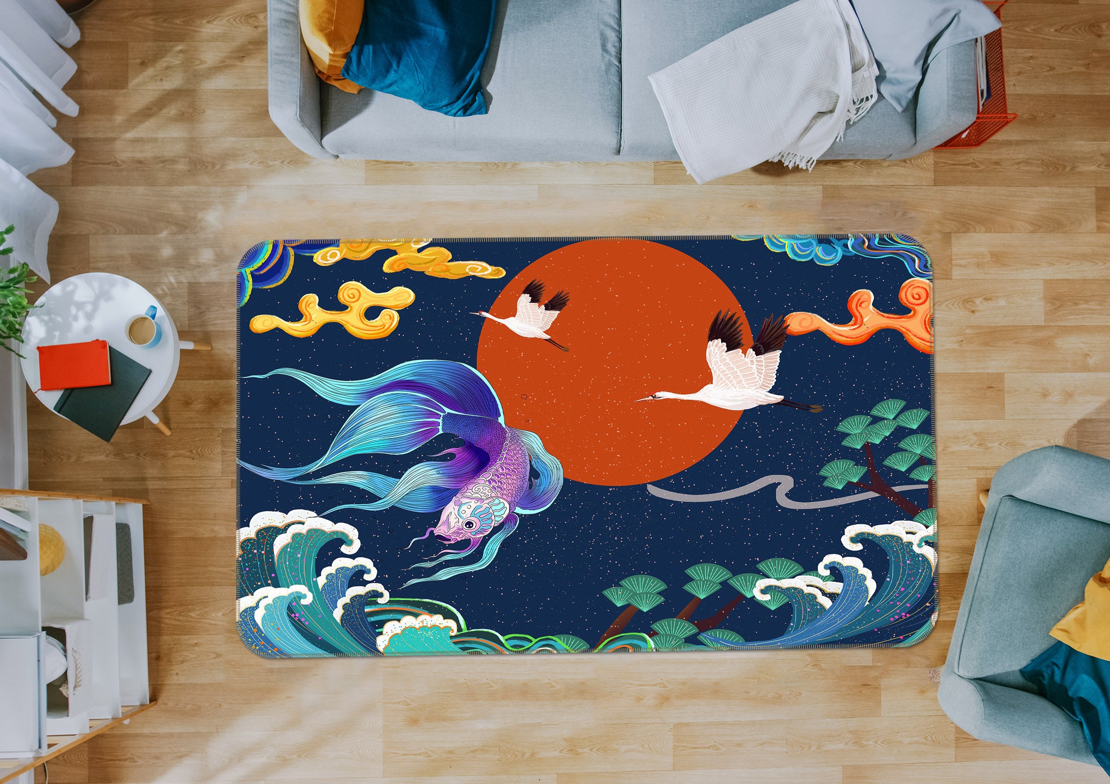 3D Cloud Crane Fish Sun 65069 Non Slip Rug Mat