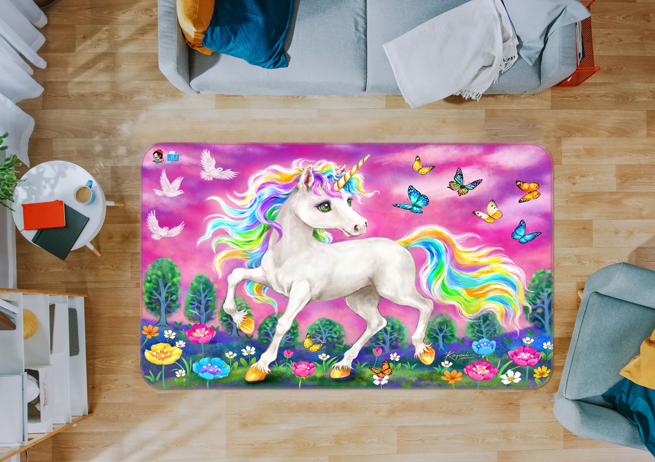 3D Unicorn Butterfly 5643 Kayomi Harai Rug Non Slip Rug Mat