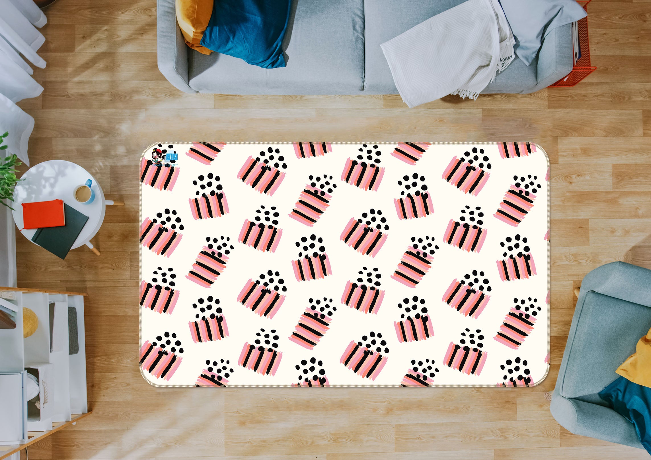 3D Black Pink Stripes Black Dots 107141 Kashmira Jayaprakash Rug Non Slip Rug Mat