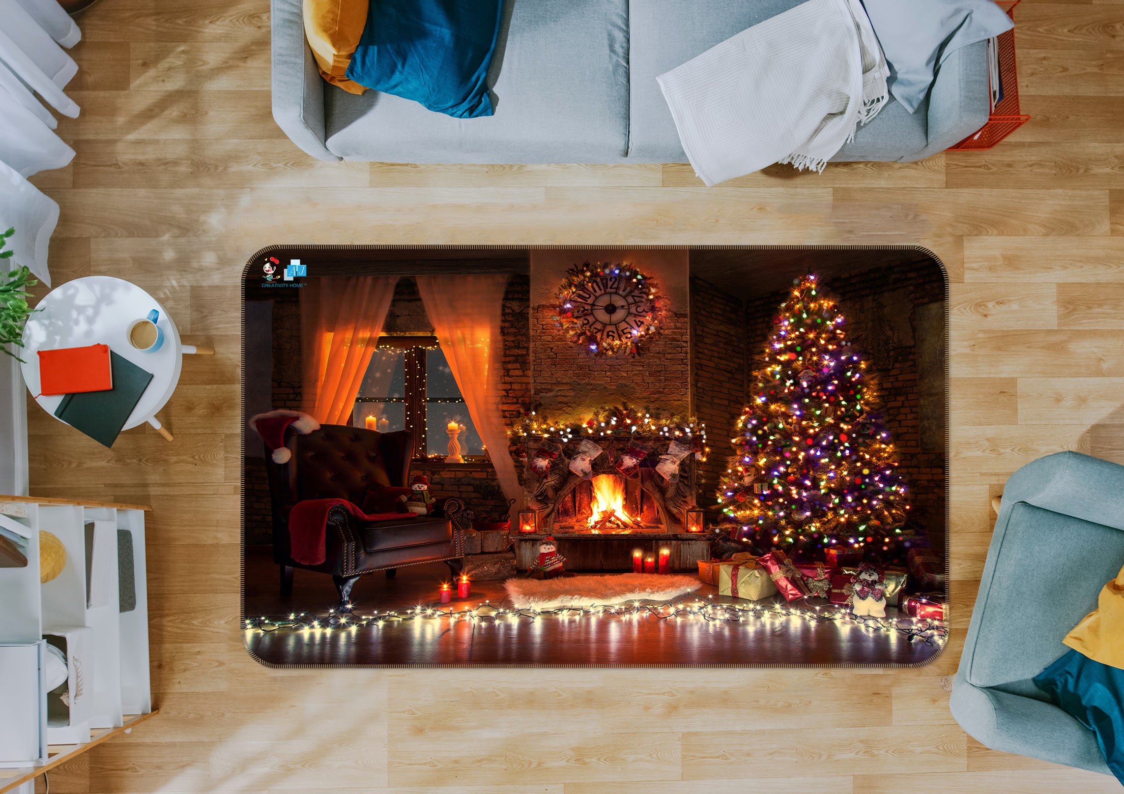 3D Fireplace Tree String Lights 55022 Christmas Non Slip Rug Mat Xmas