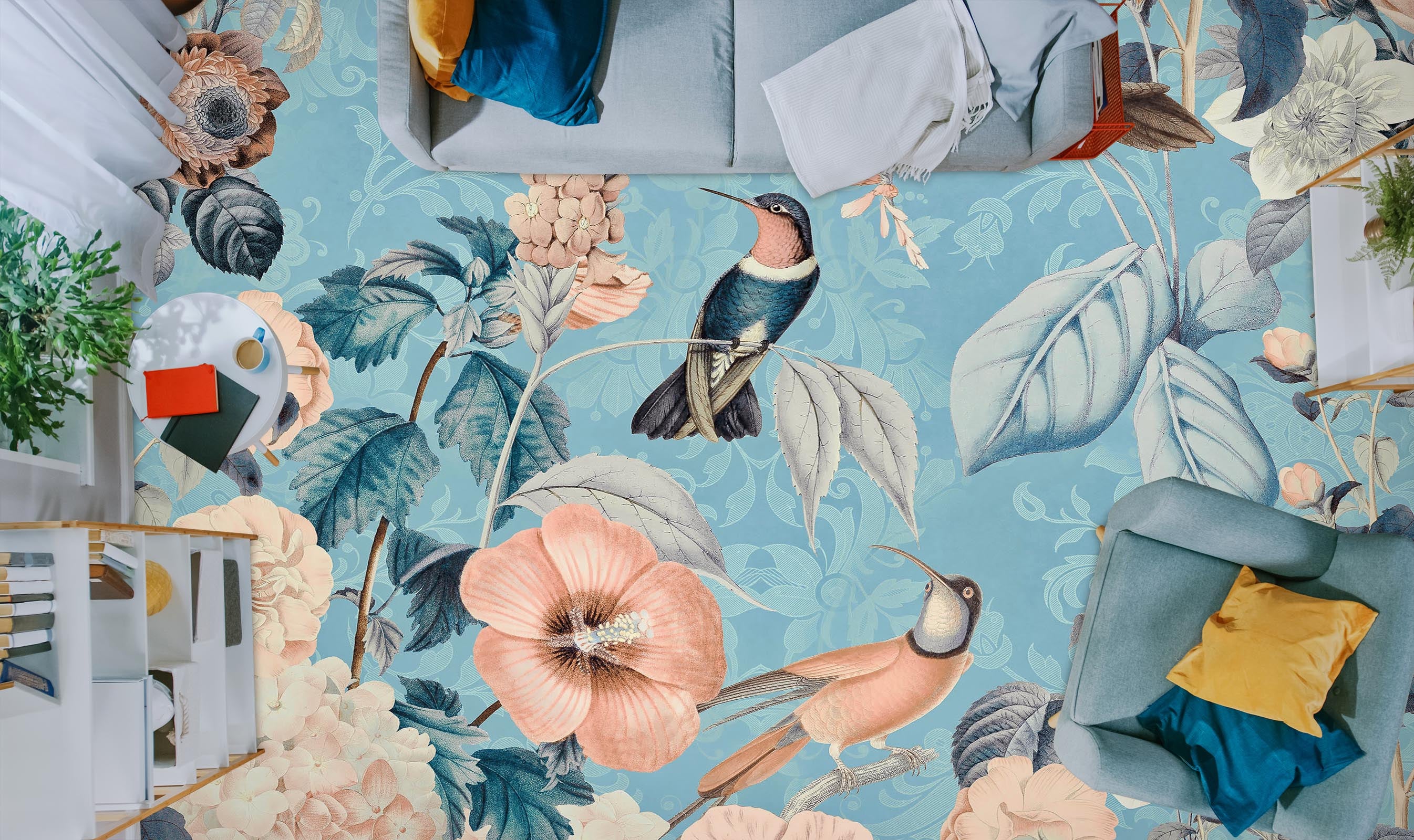 3D Flower Bird Blue 104152 Andrea Haase Floor Mural