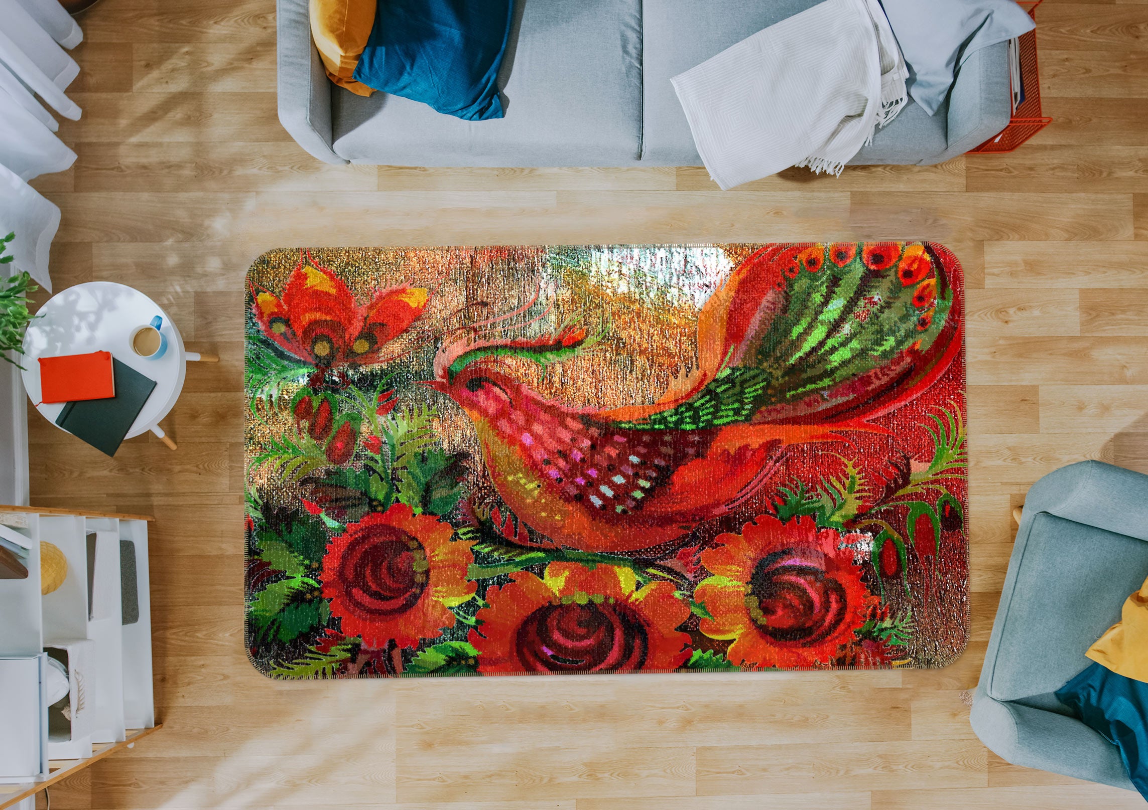 3D Red Flower Bird 76015 Non Slip Rug Mat