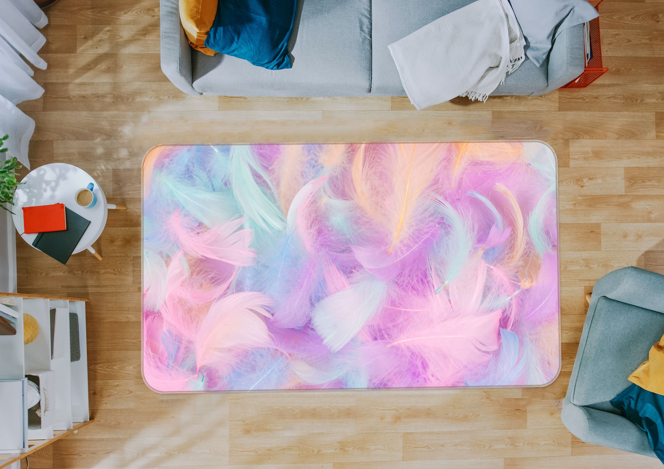 3D Pink Blue Feather 30042 Non Slip Rug Mat