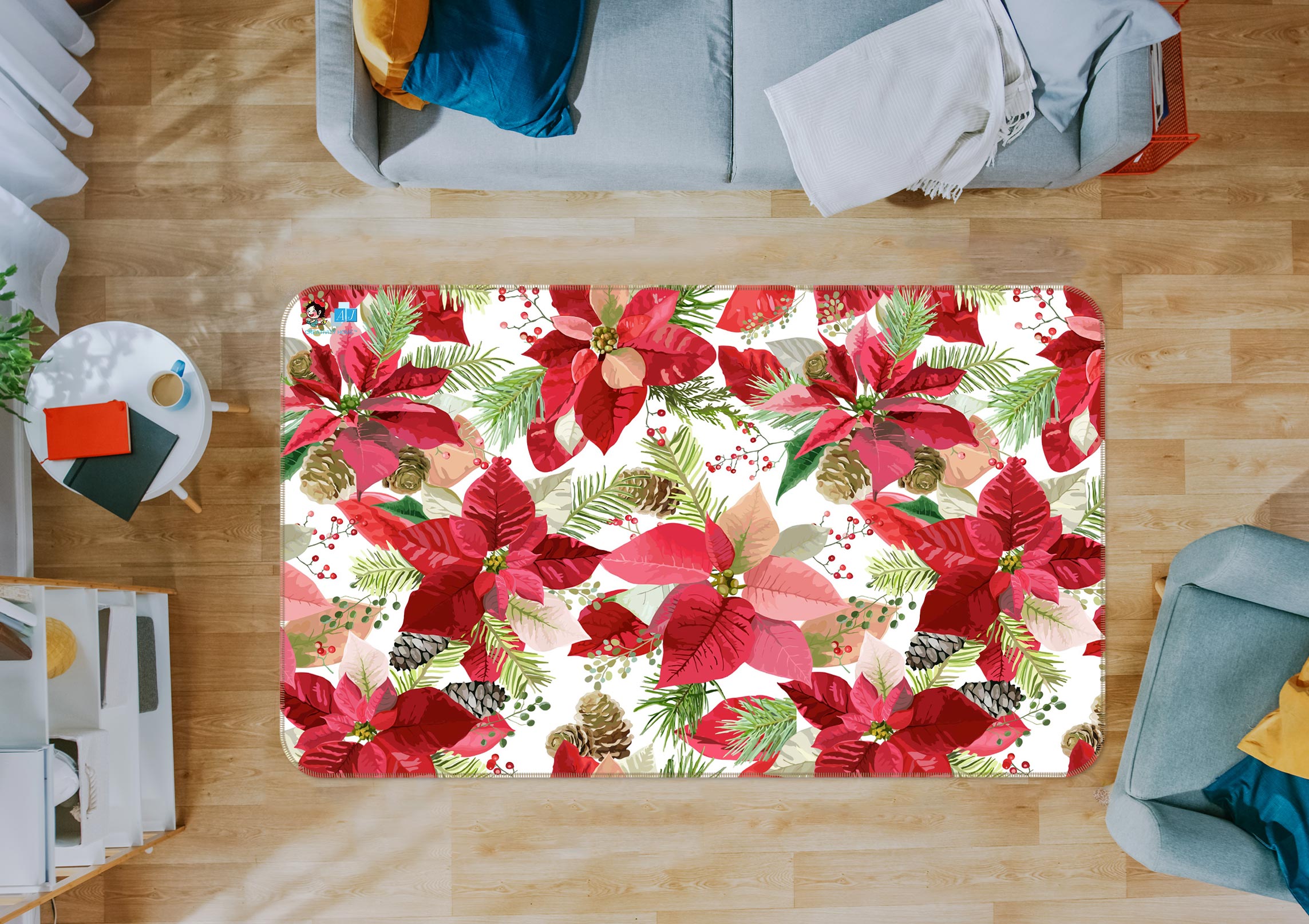 3D Red Leaves Flowers 54240 Christmas Non Slip Rug Mat Xmas