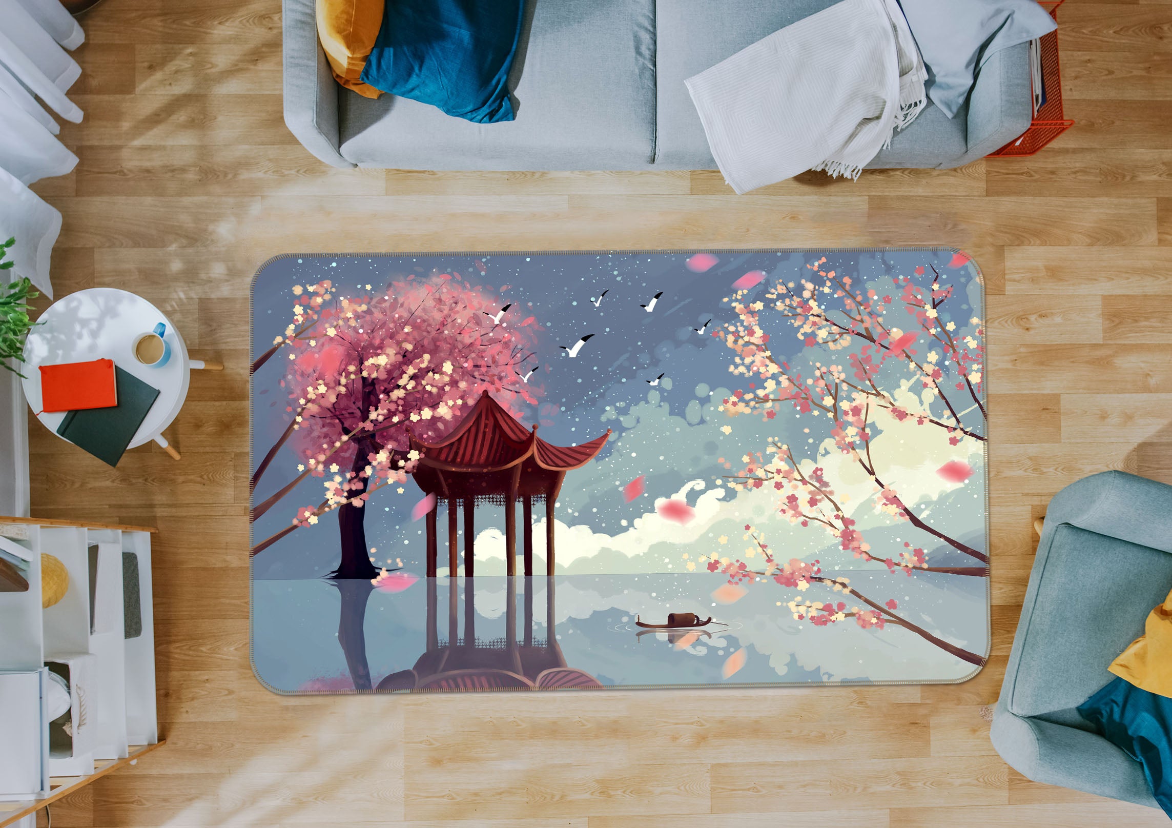 3D Cherry Blossoms Pavilion 34020 Non Slip Rug Mat