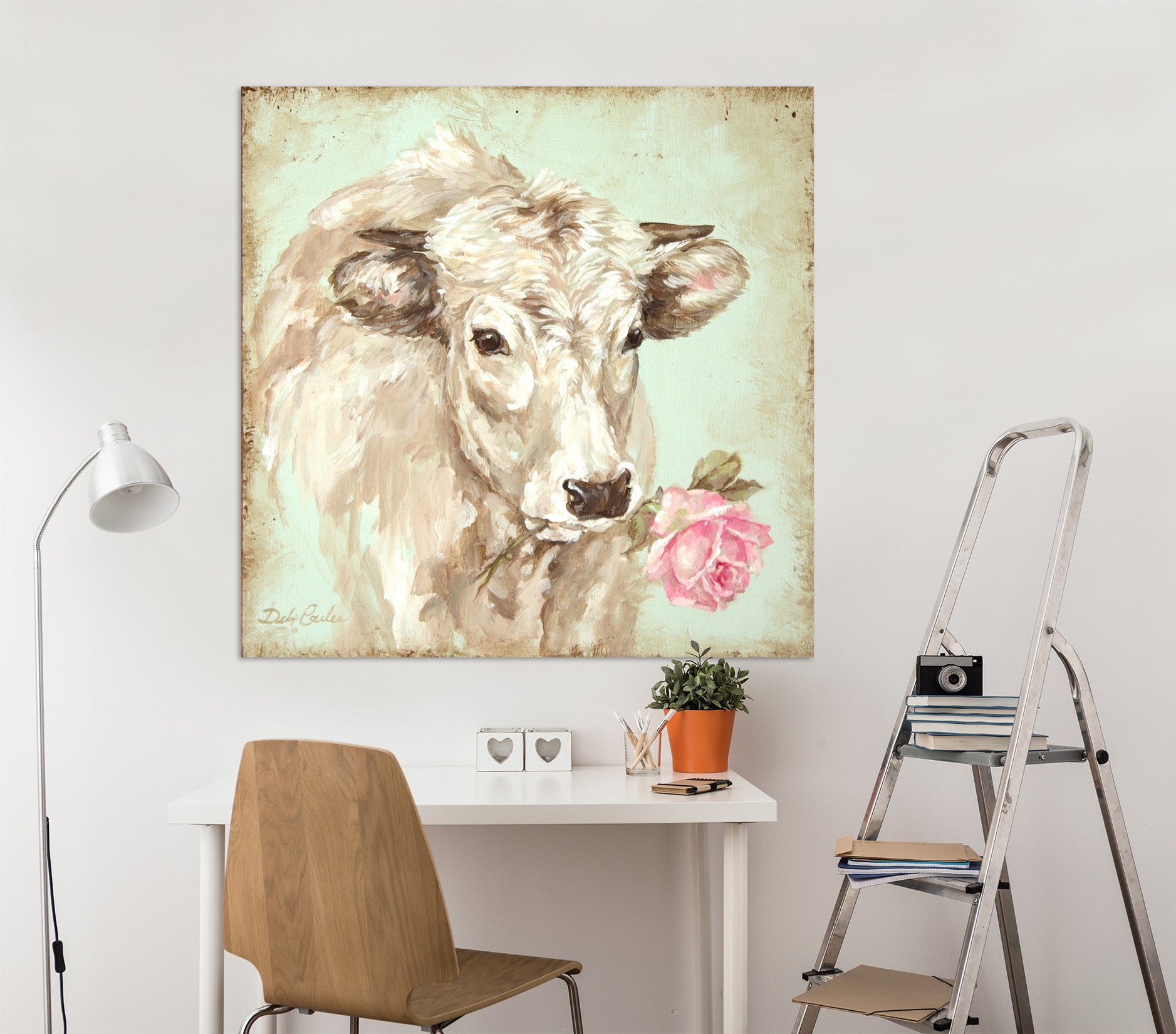 3D Pink Rose Cow 057 Debi Coules Wall Sticker